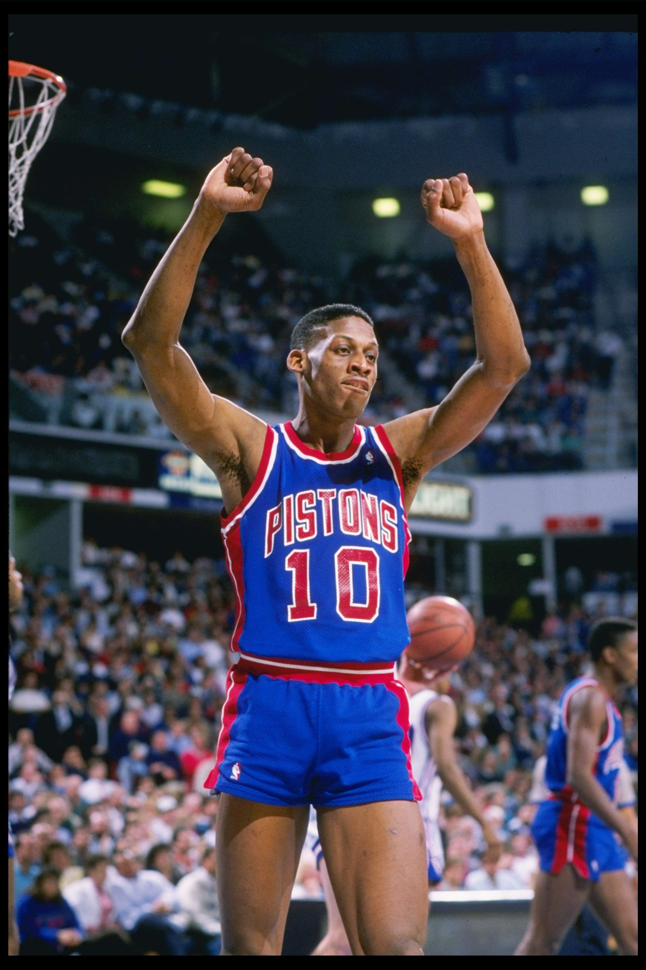 1989: Forward Dennis Rodman celebrates during a game. Mandatory Credit: Otto Greule Jr. /Allsport 1989: Forward Dennis Rodman celebrates during a game. Mandatory Credit: Otto Greule Jr. /Allsport