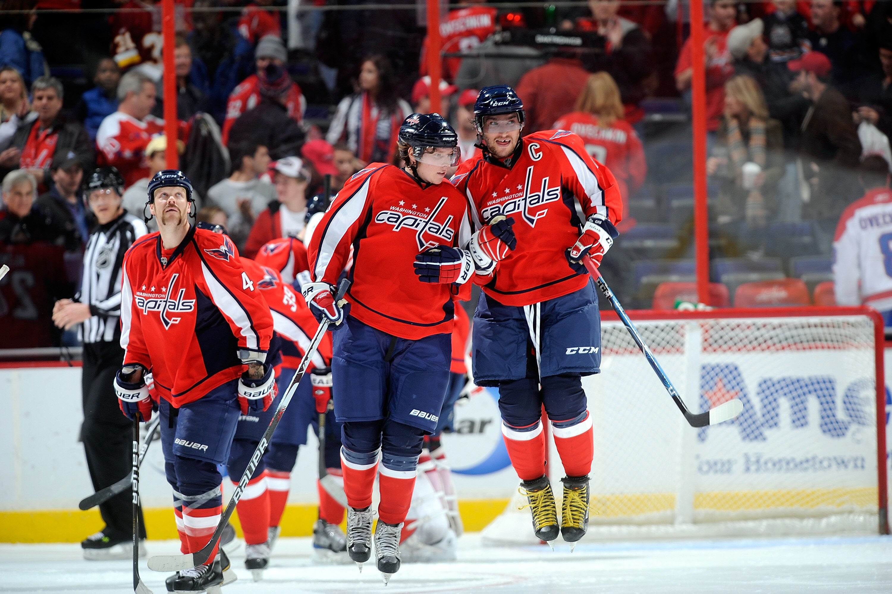 WASHINGTON - NOVEMBER 28:  Alex Ovechkin #8 of the Washington Capitals celebrates with Nicklas Backstrom #19 after a 3-2 victory against the Carolina Hurricanes at the Verizon Center on November 28, 2010 in Washington, DC.  (Photo by Greg Fiume/Getty Imag