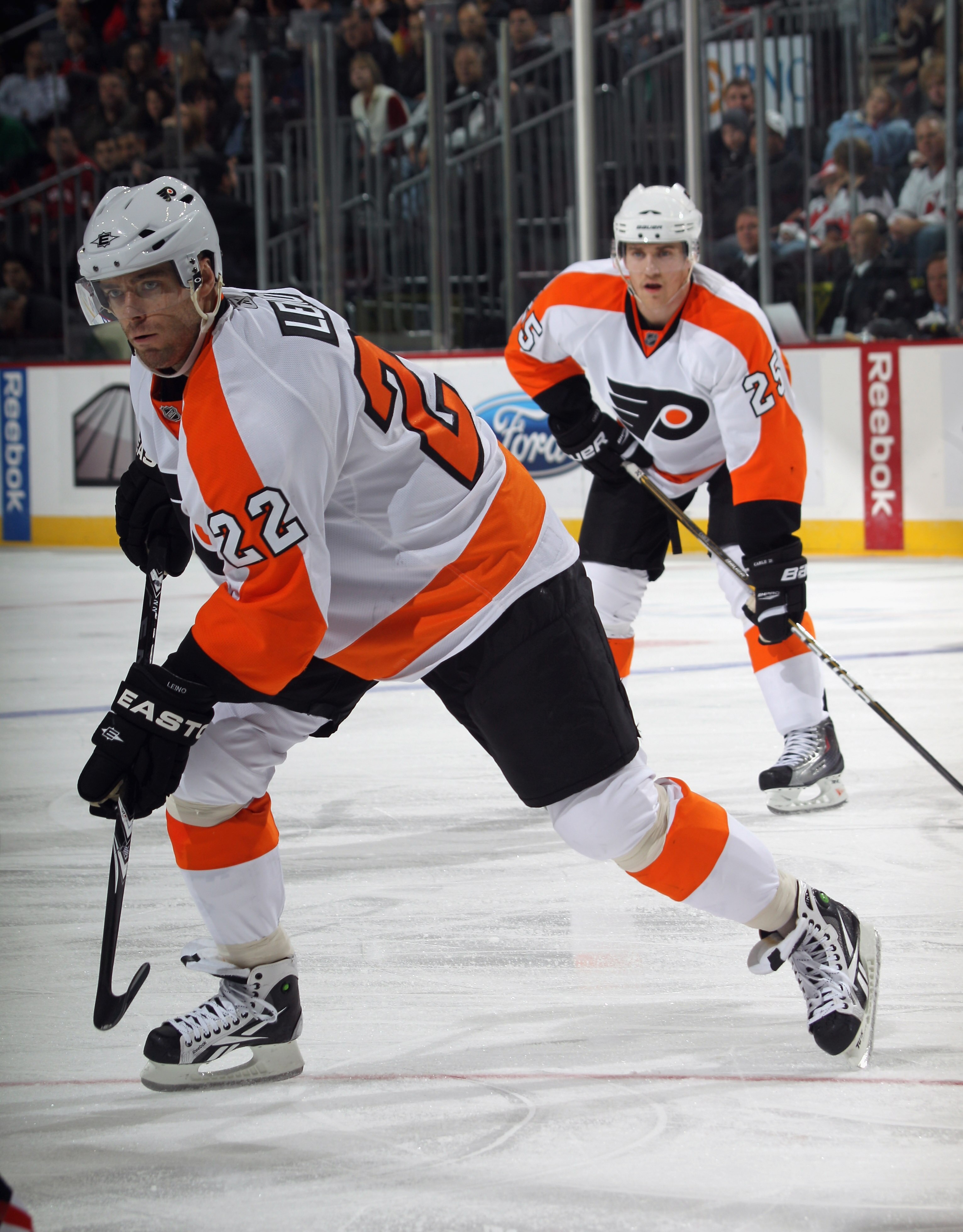 NEWARK, NJ - NOVEMBER 27: Ville Leino #22 of the Philadelphia Flyers skates against the New Jersey Devils at the Prudential Center on November 27, 2010 in Newark, New Jersey. The Devils defeated the Flyers 2-1 in the shoot out.  (Photo by Bruce Bennett/Ge