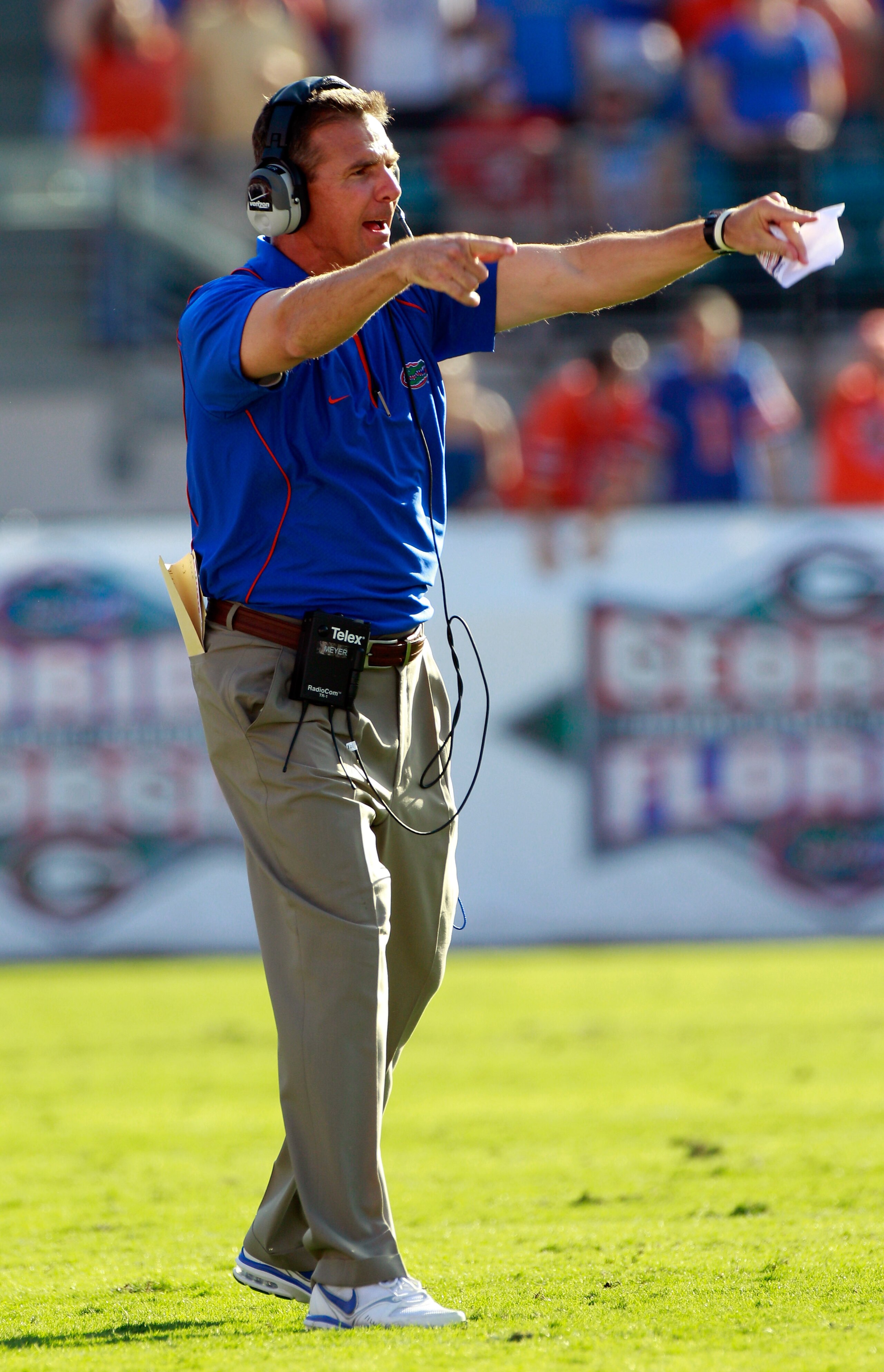 JACKSONVILLE, FL - OCTOBER 30:  Head coach Urban Meyer of the Florida Gators calls out instructions during the game against the Georgia Bulldogs at EverBank Field on October 30, 2010 in Jacksonville, Florida.  (Photo by Sam Greenwood/Getty Images)