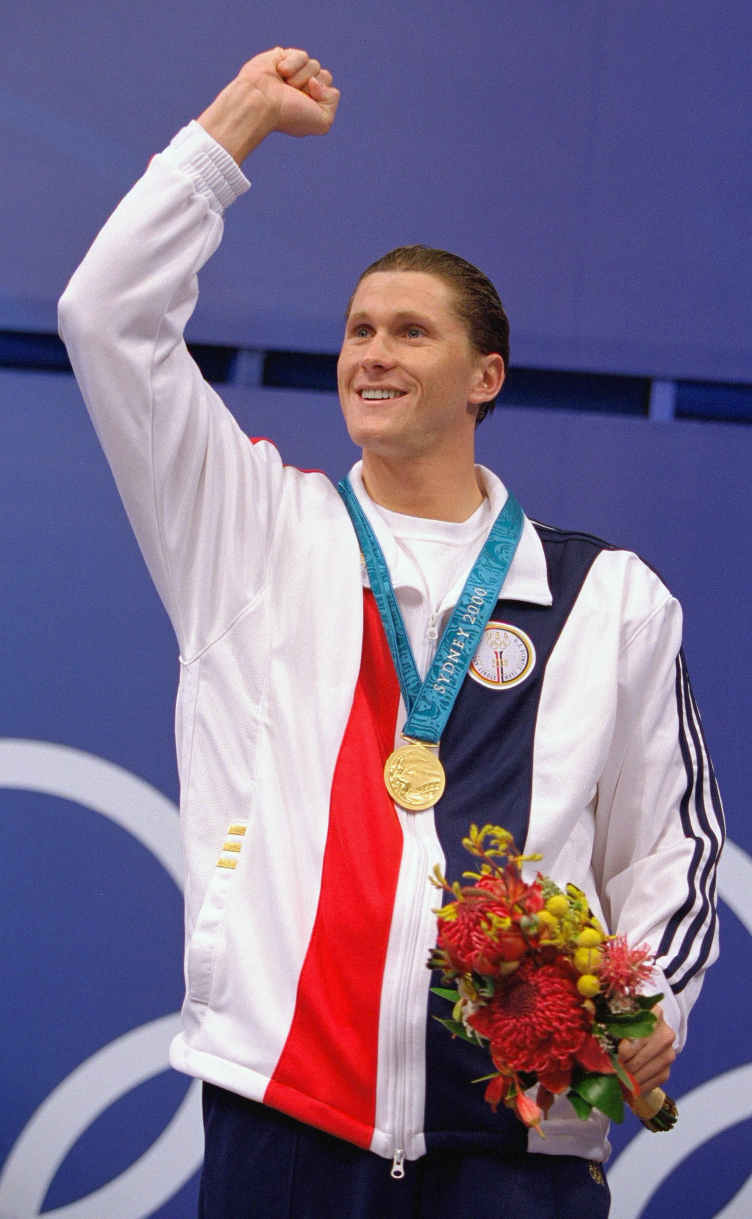 21 Sep 2000:  Lenny Krazelburg of the USA celebrates his Gold Medal win in the Mens 200m Backstroke Final at the Sydney International Aquatic Centre on Day Six of the Sydney 2000 Olympic Games in Sydney, Australia. \ Mandatory Credit: Al Bello /Allsport