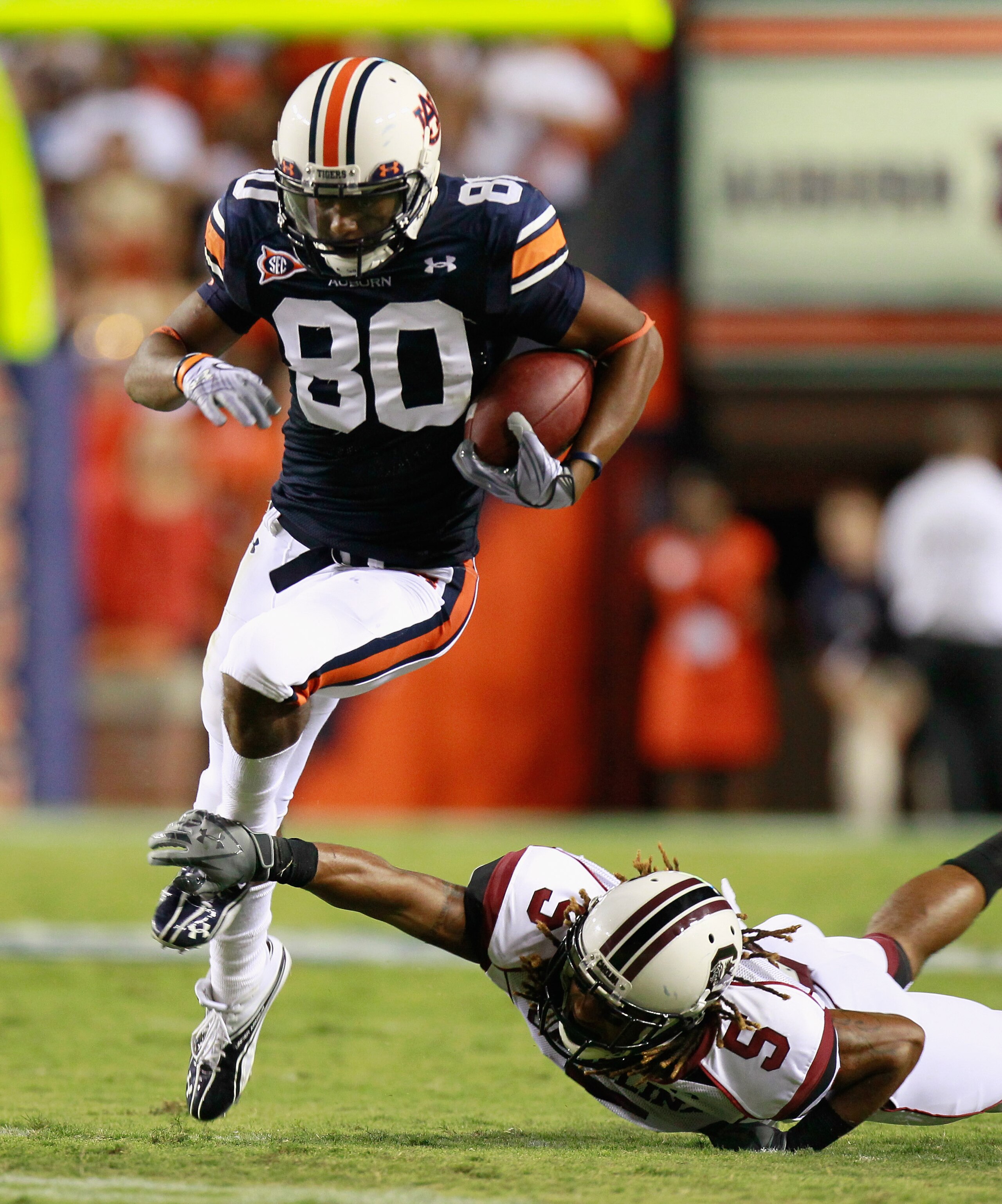 AUBURN, AL - SEPTEMBER 25:  Emory Blake #80 of the Auburn Tigers against Stephon Gilmore #5 of the South Carolina Gamecocks at Jordan-Hare Stadium on September 25, 2010 in Auburn, Alabama.  (Photo by Kevin C. Cox/Getty Images)