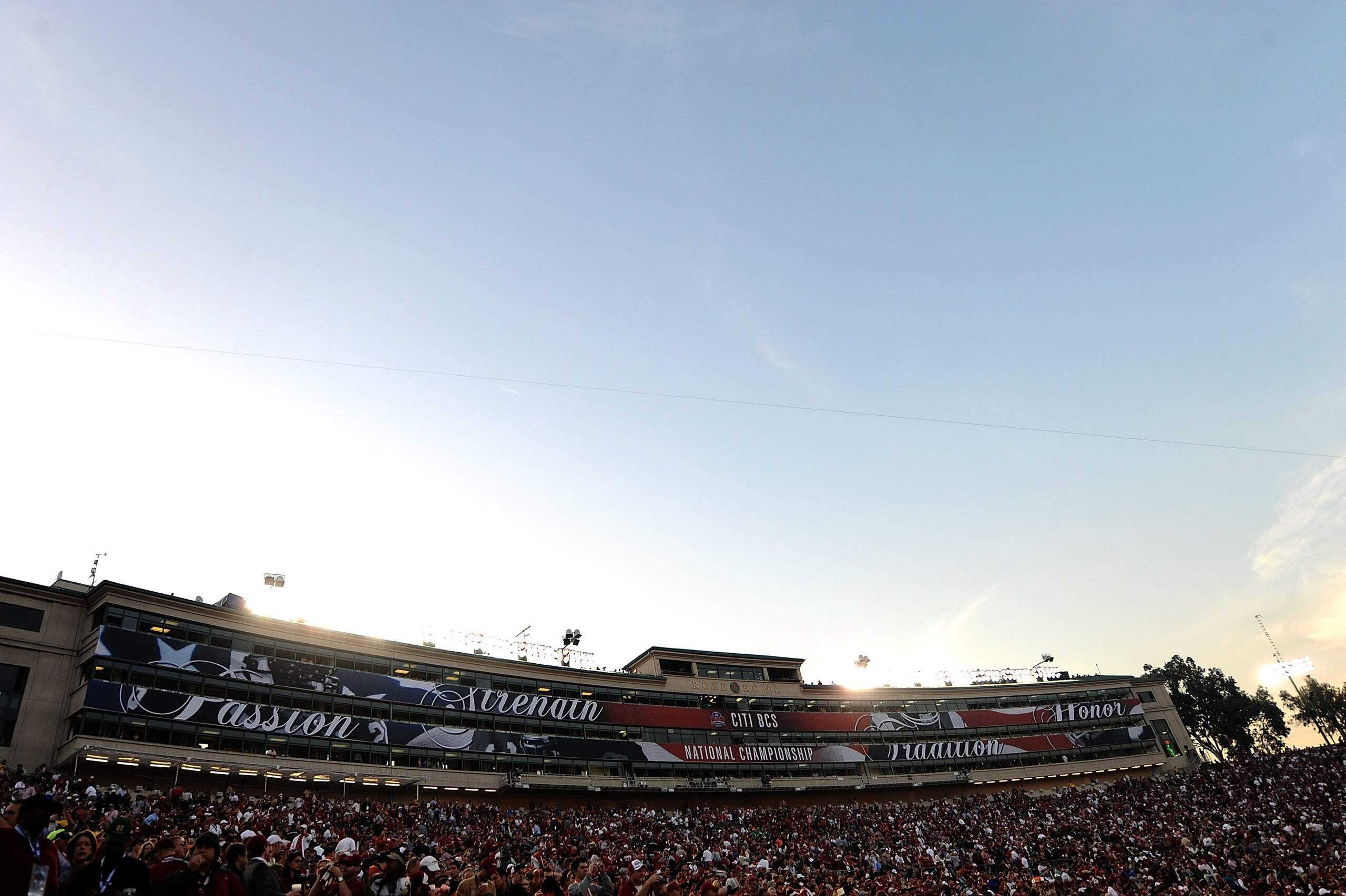 PASADENA, CA - JANUARY 07:  A detailed picture press box prior to the Citi BCS National Championship game between the Texas Longhorns and the Alabama Crimson Tide at the Rose Bowl on January 7, 2010 in Pasadena, California.  (Photo by Harry How/Getty Imag