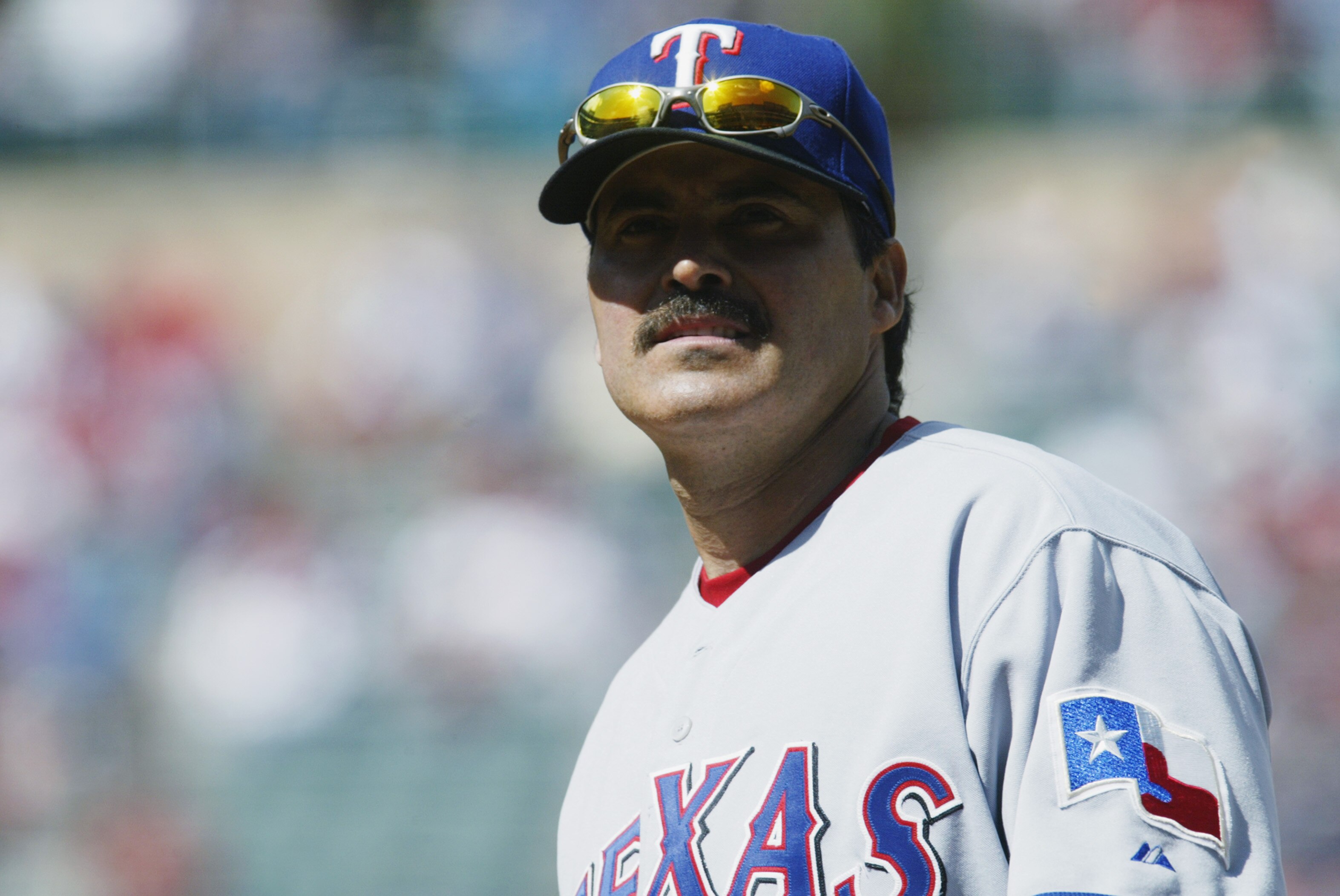 ANAHEIM, CA - APRIL 2:  Rafael Palmeiro #25 the Texas Rangers stands on the field during the game against the Anaheim Angels at Edison Field on April 2, 2003 in Anaheim, California.  Anaheim won 11-5.   (Photo by Stephen Dunn/Getty Images)