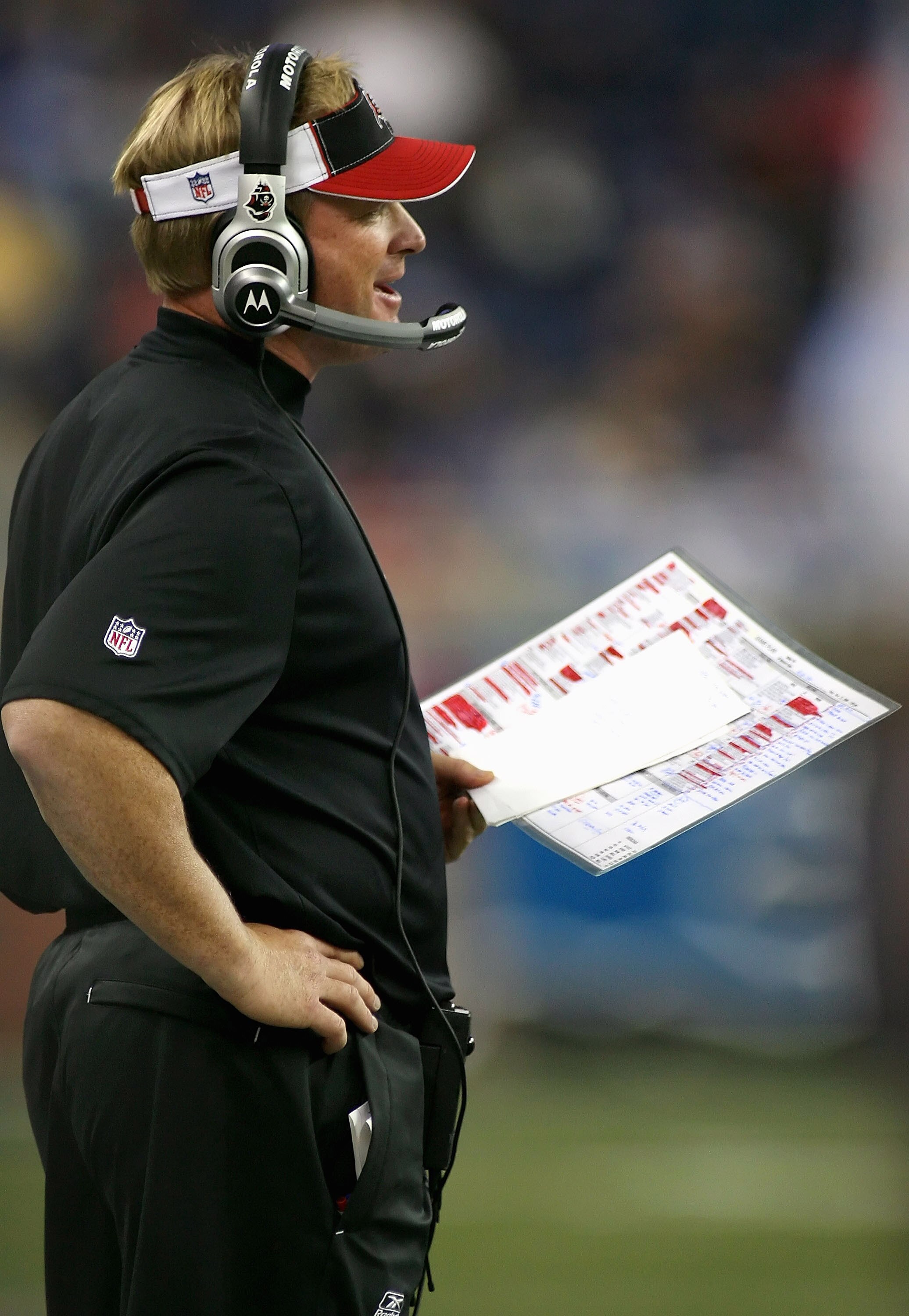 DETROIT - NOVEMBER 23:  Head coach Jon Gruden of the Tampa Bay Buccaneers calls a play against the Detroit Lions during the NFL game at Ford Field on November 23, 2008 in Detroit, Michigan. The Buccaneers defeated the Lions 38-20. (Photo by Christian Pete