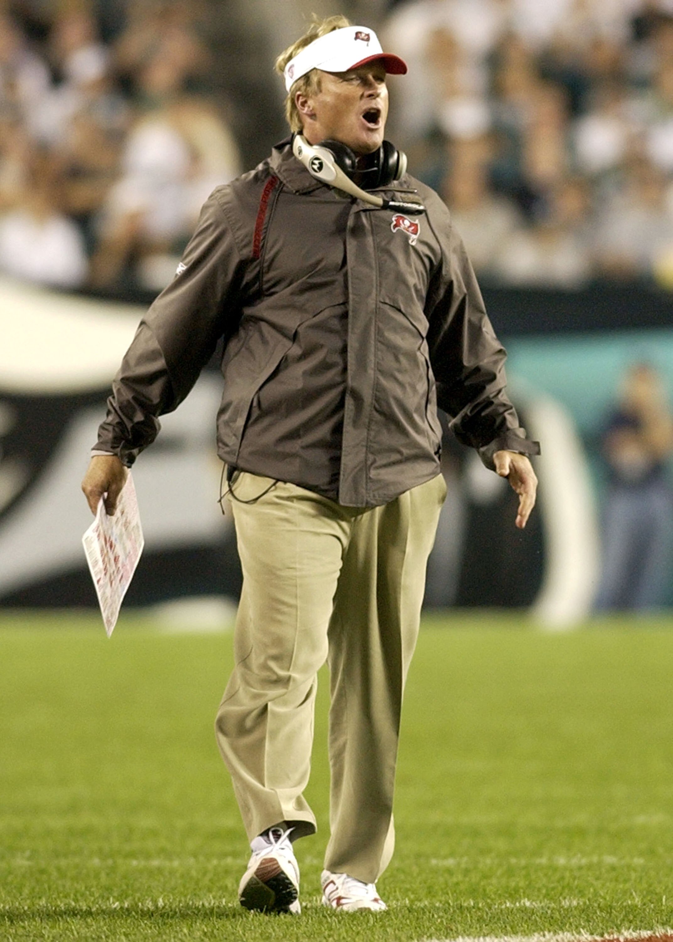 Tampa Bay Buccaneer  coach Jon Gruden directs play  September 8, 2003 at Lincoln Financial Field in Philadelphia.  The Bucs defeated the Eagles 17 - 0 to open the season on Monday Night football.  (Photo by Al Messerschmidt/Getty Images)