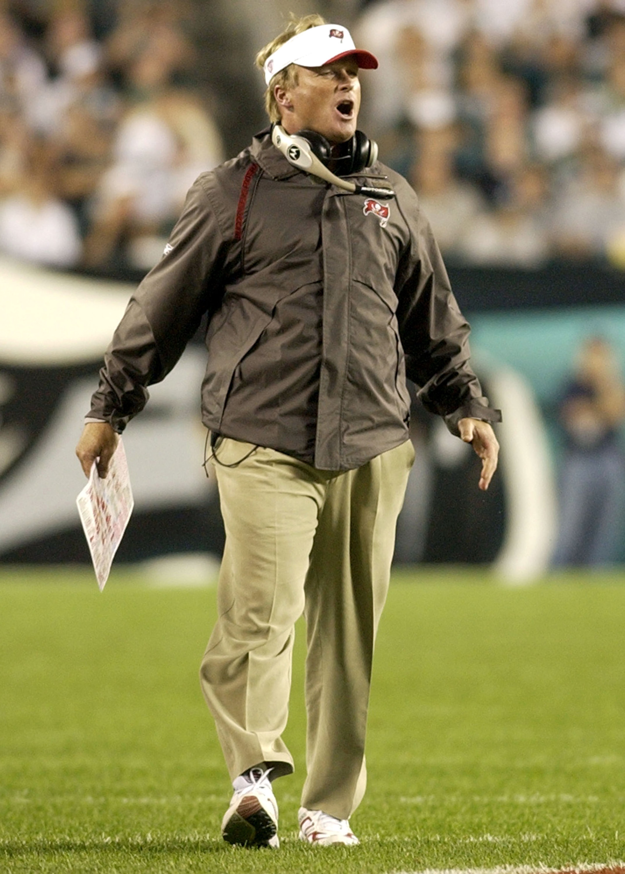 Tampa Bay Buccaneer  coach Jon Gruden directs play  September 8, 2003 at Lincoln Financial Field in Philadelphia.  The Bucs defeated the Eagles 17 - 0 to open the season on Monday Night football.  (Photo by Al Messerschmidt/Getty Images)