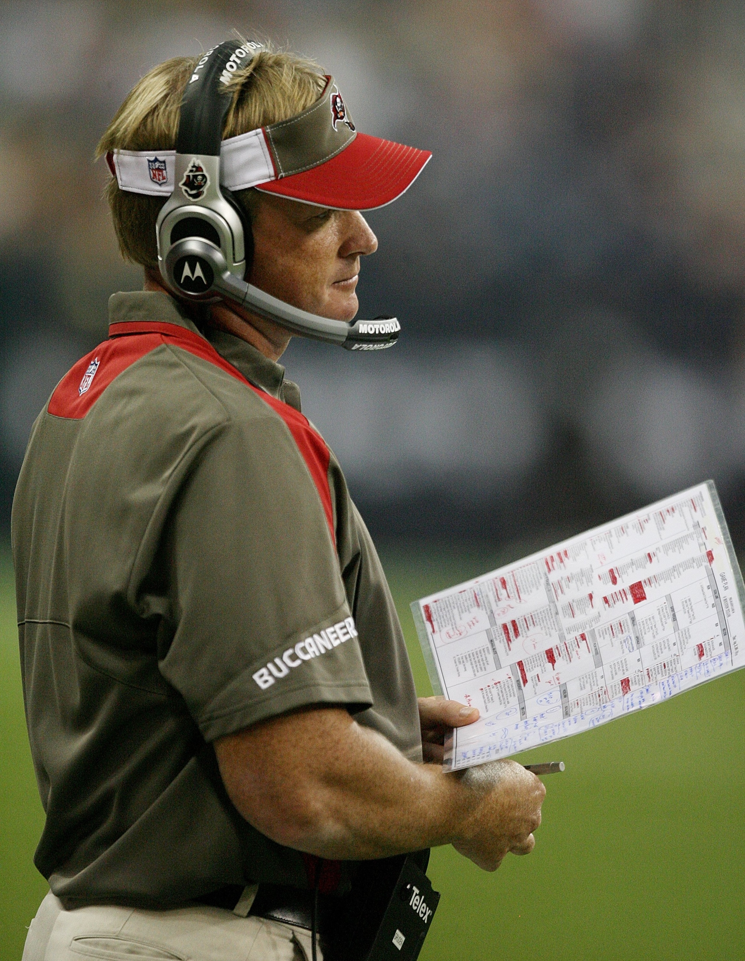 HOUSTON - AUGUST 28:  Head coach Jon Gruden of the Tampa Bay Buccaneers looks on from the sidelines during a football game against the Houston Texans Aug. 28, 2008 at Reliant Stadium in Houston, Texas.  (Photo by Bob Levey/Getty Images)