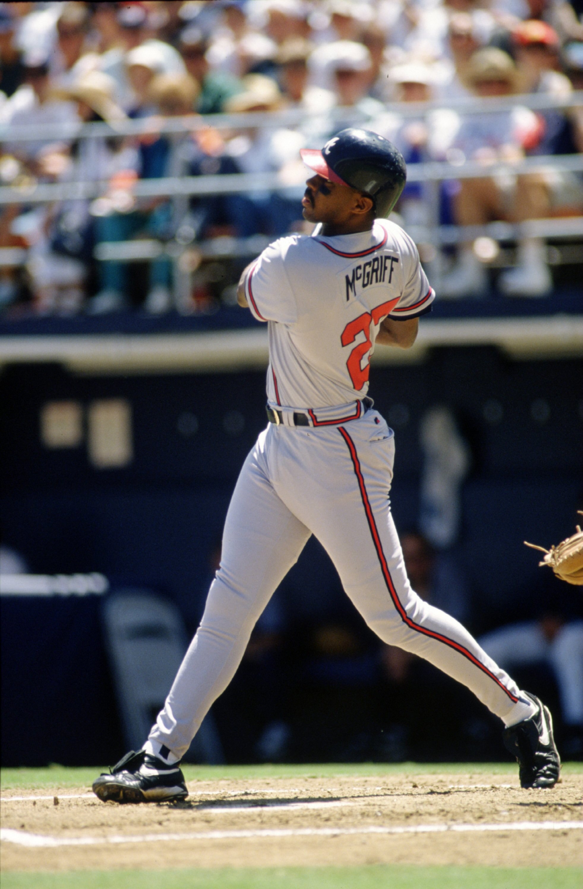 14  Apr 1996:  First baseman Fred McGriff of the Atlanta Braves stares into the outfield as he watches for the result of his hit during an at-bat in the Braves 4-0 victory over the San Diego Padres at Jack Murphy Stadium in San Diego, California.    Manda