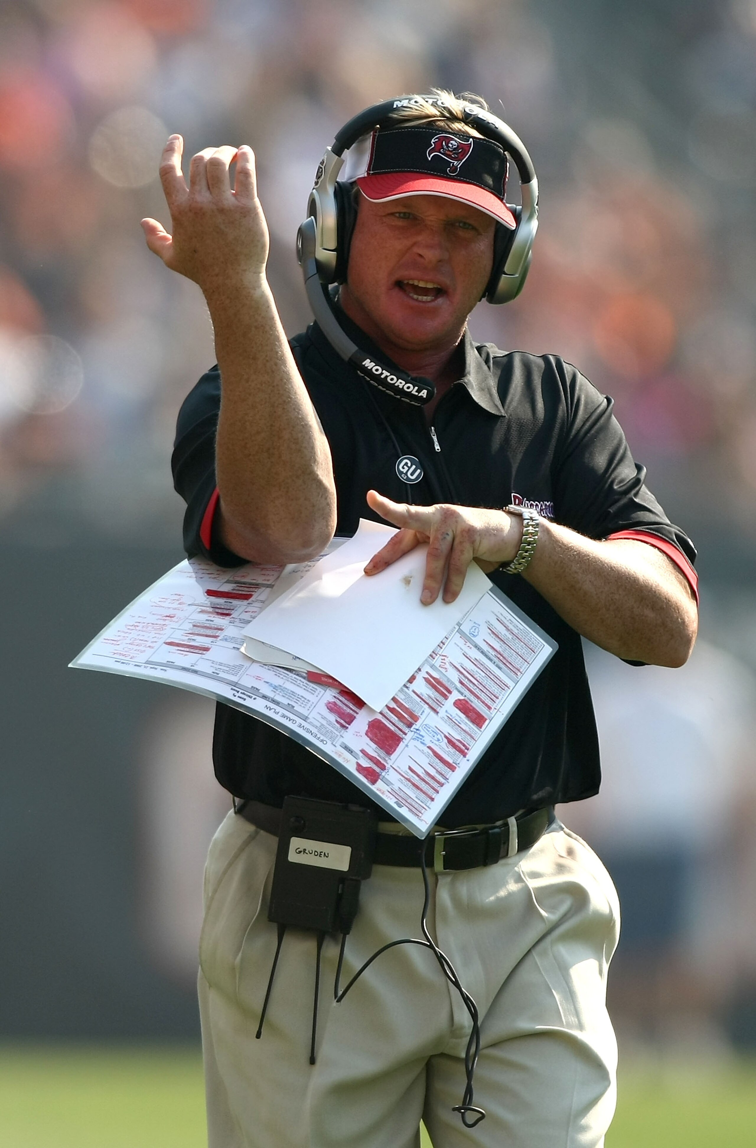 CHICAGO - SEPTEMBER 21:  Head Coach John Gruden of the Tampa Bay Buccaneers pleads with a referee against the Chicago Bears at Soldier Field on September 21, 2008 in Chicago, Illinois.  (Photo by Jonathan Ferrey/Getty Images)
