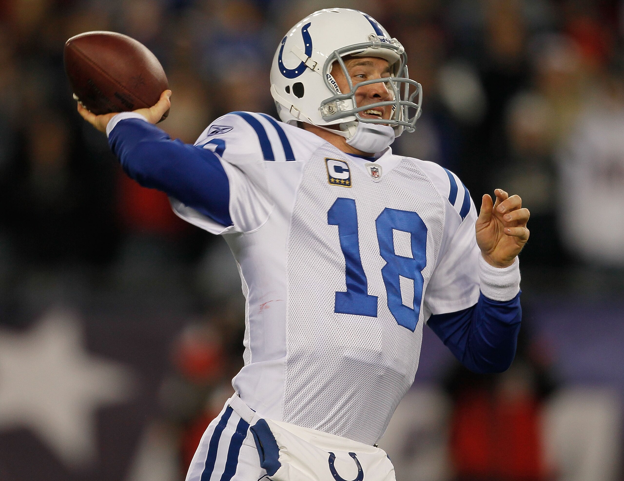 FOXBORO, MA - NOVEMBER 21: Peyton Manning #18 of the Indianapolis Colts throws against the New England Patriots at Gillette Stadium on November 21, 2010 in Foxboro, Massachusetts. (Photo by Jim Rogash/Getty Images) FOXBORO, MA - NOVEMBER 21: Peyton Manning #18 of the Indianapolis Colts throws against the New England Patriots at Gillette Stadium on November 21, 2010 in Foxboro, Massachusetts. (Photo by Jim Rogash/Getty Images)