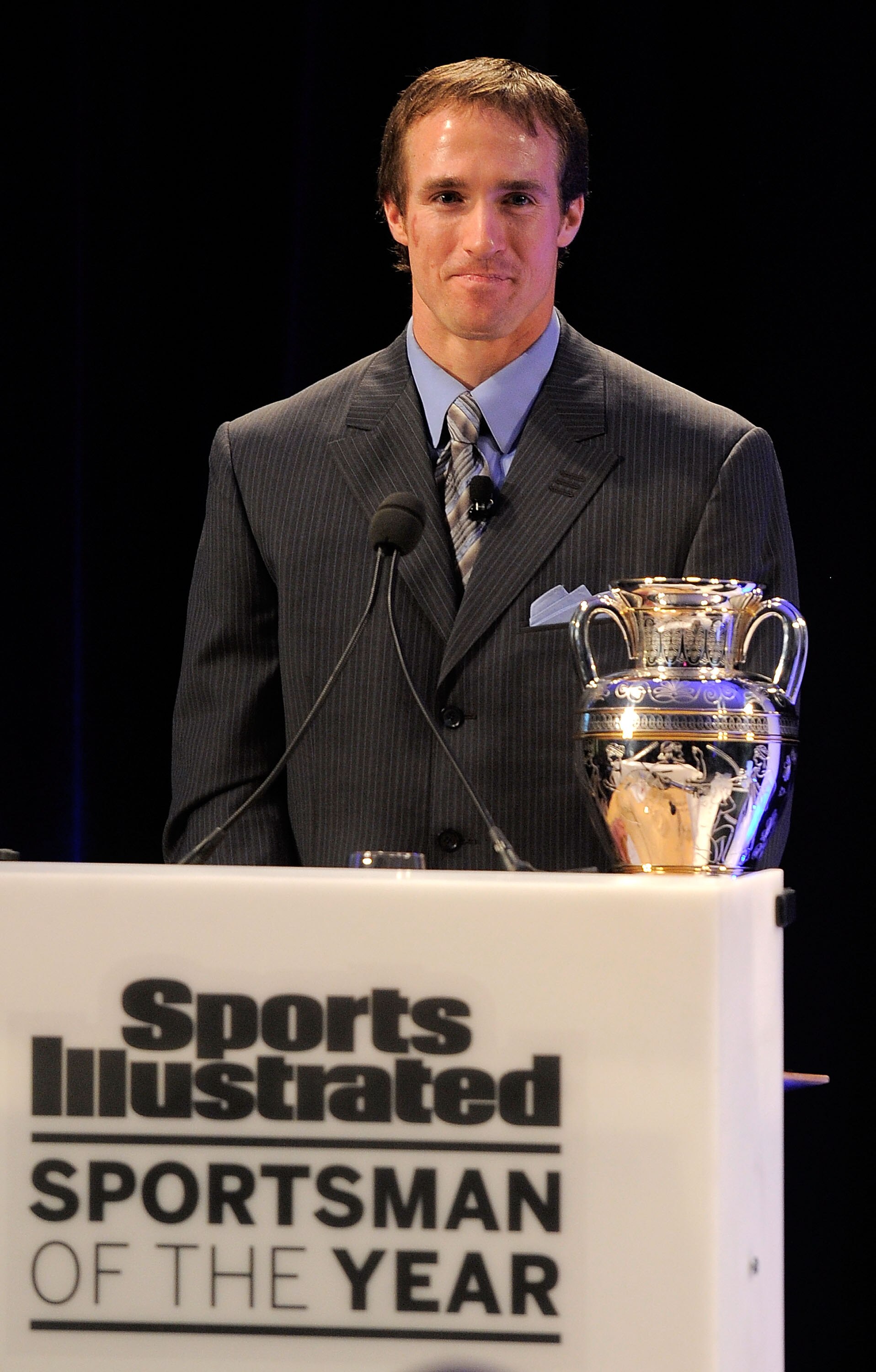 NEW YORK, NY - NOVEMBER 30:  Sportsman of the Year Drew Brees of the New Orleans Saints speaks during the 2010 Sports Illustrated Sportsman of the Year Celebration  at IAC Building on November 30, 2010 in New York City.  (Photo by Jemal Countess/Getty Ima