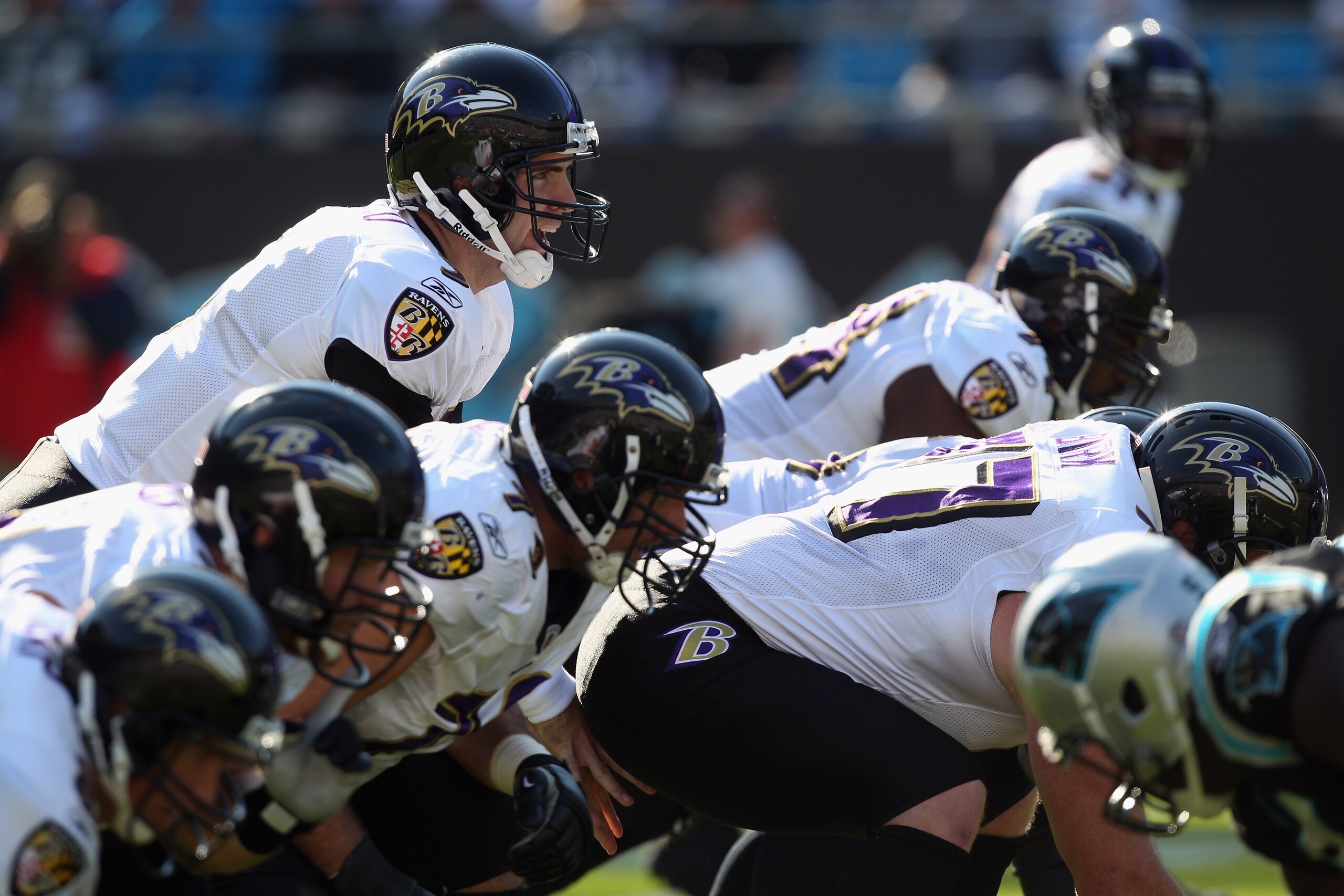 CHARLOTTE, NC - NOVEMBER 21:  Joe Flacco #5 of the Baltimore Ravens against the Carolina Panthers at Bank of America Stadium on November 21, 2010 in Charlotte, North Carolina.  (Photo by Streeter Lecka/Getty Images)
