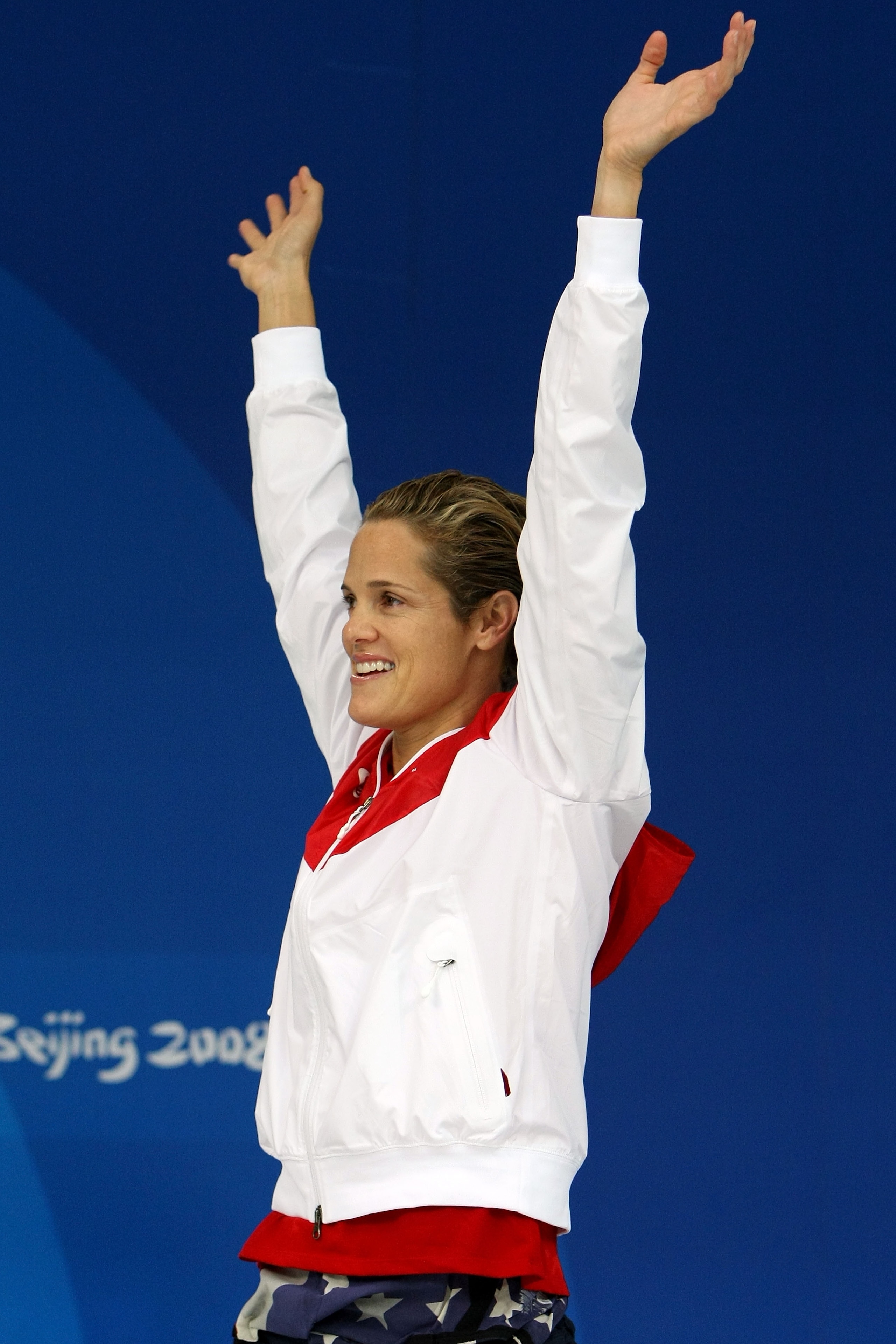 BEIJING - AUGUST 17:  Silver medalist Dara Torres of the United States celebrates on the podium before receiving her medal in the Women's 50m Freestyle final held at the National Aquatics Centre during Day 9 of the Beijing 2008 Olympic Games on August 17,