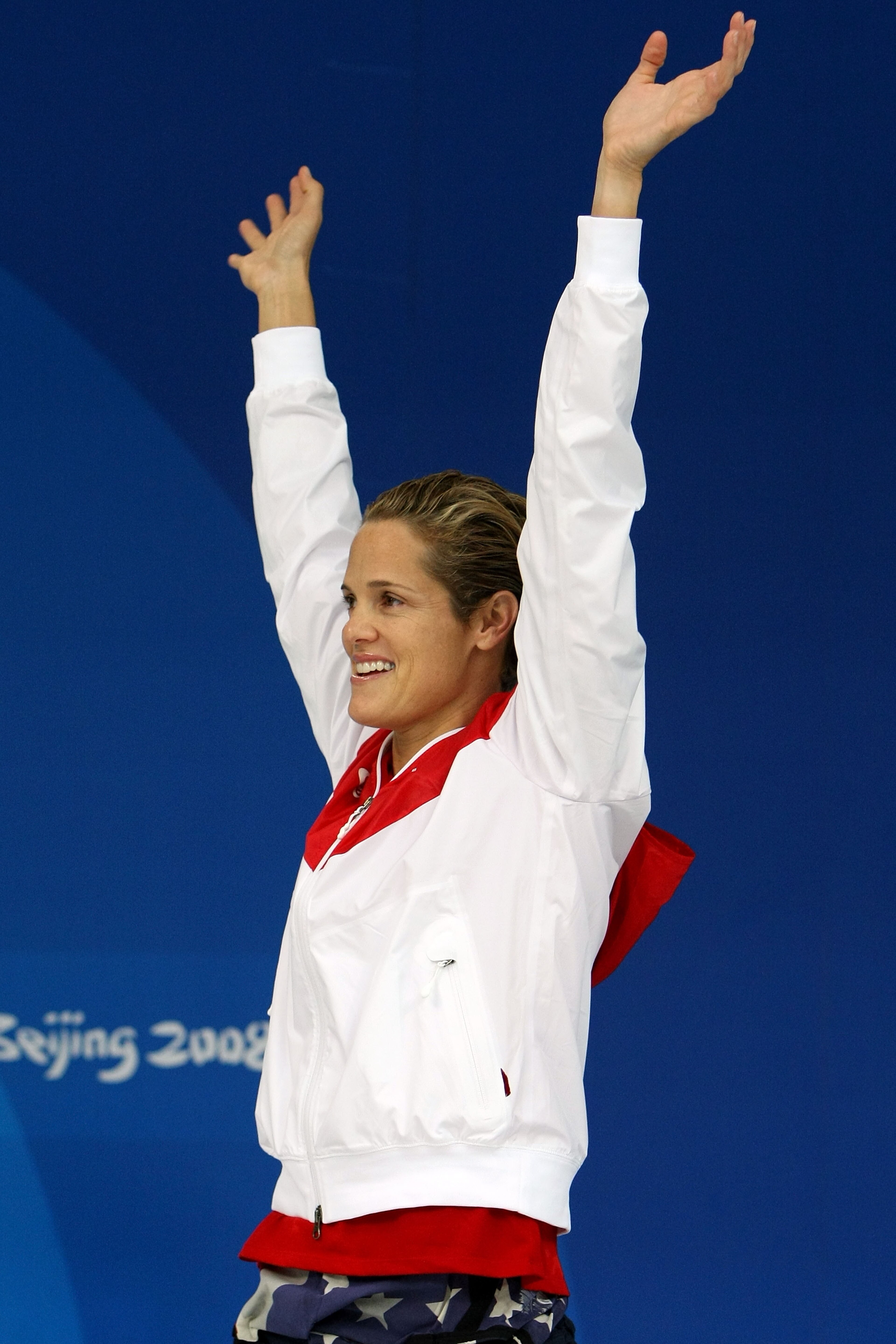 BEIJING - AUGUST 17:  Silver medalist Dara Torres of the United States celebrates on the podium before receiving her medal in the Women's 50m Freestyle final held at the National Aquatics Centre during Day 9 of the Beijing 2008 Olympic Games on August 17,