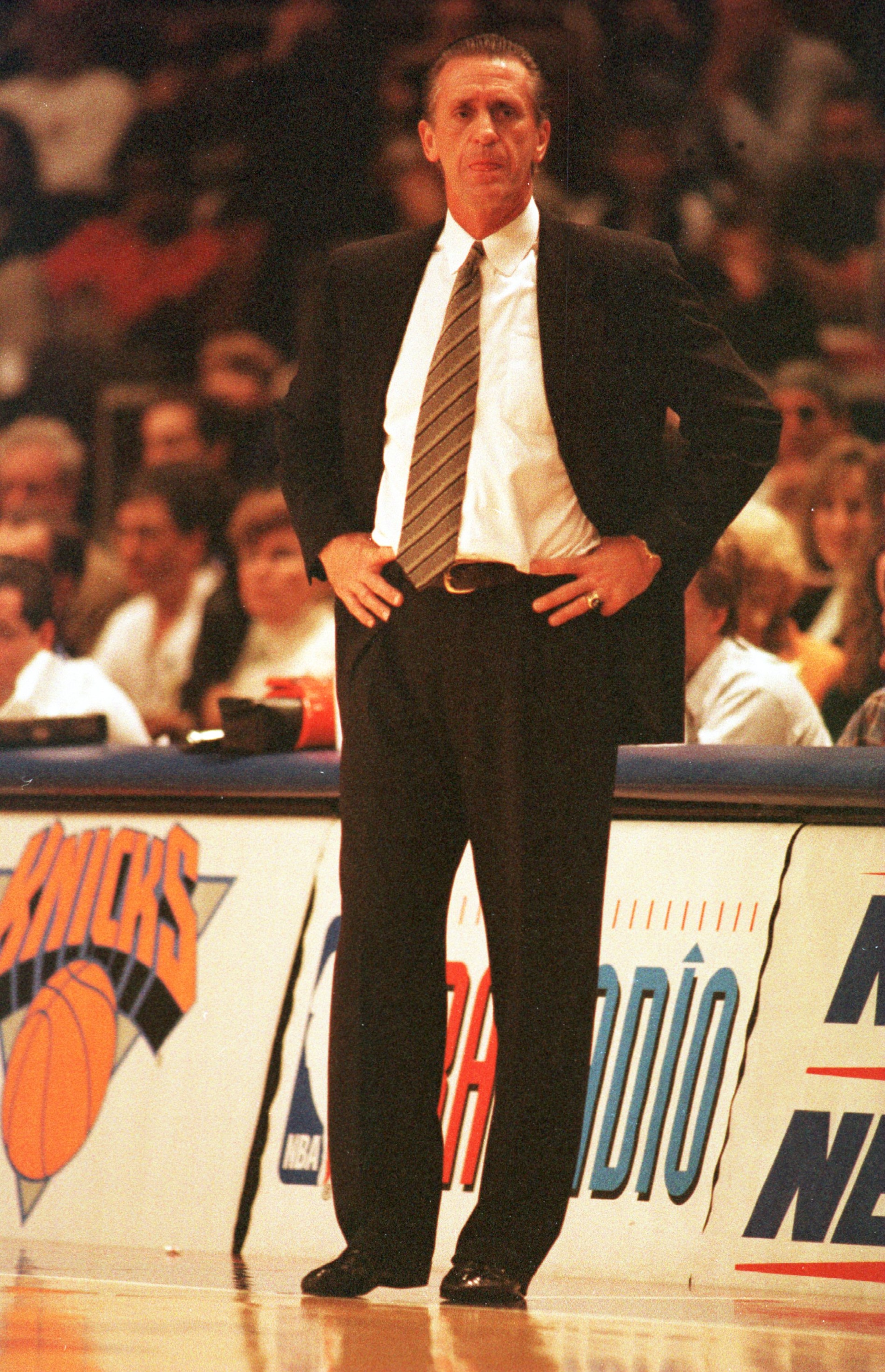19 Dec 1995:  Head coach Pat Riley of the New York Knicks watches from the sideline during the Knicks 122-117 victory over the Houston Rockets at Madison Square Garden in New York, New York.   Mandatory Credit: Jed Jacobsohn/ALLSPORT