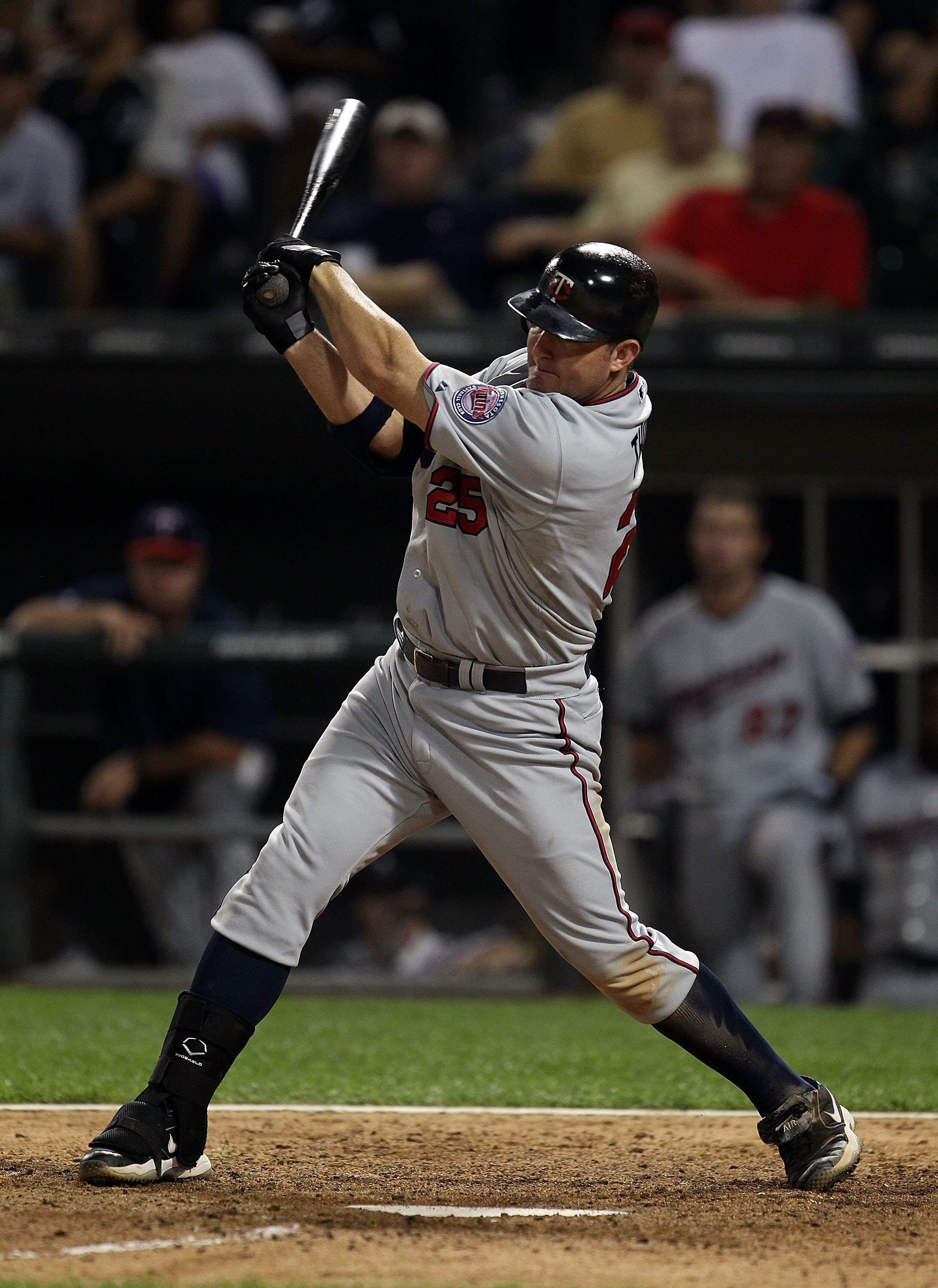 CHICAGO - AUGUST 10: Jim Thome #25 of the Minnesota Twins takes a swing against the Chicago White Sox at U.S. Cellular Field on August 10, 2010 in Chicago, Illinois. The Twins defeated the White Sox 12-6. (Photo by Jonathan Daniel/Getty Images)