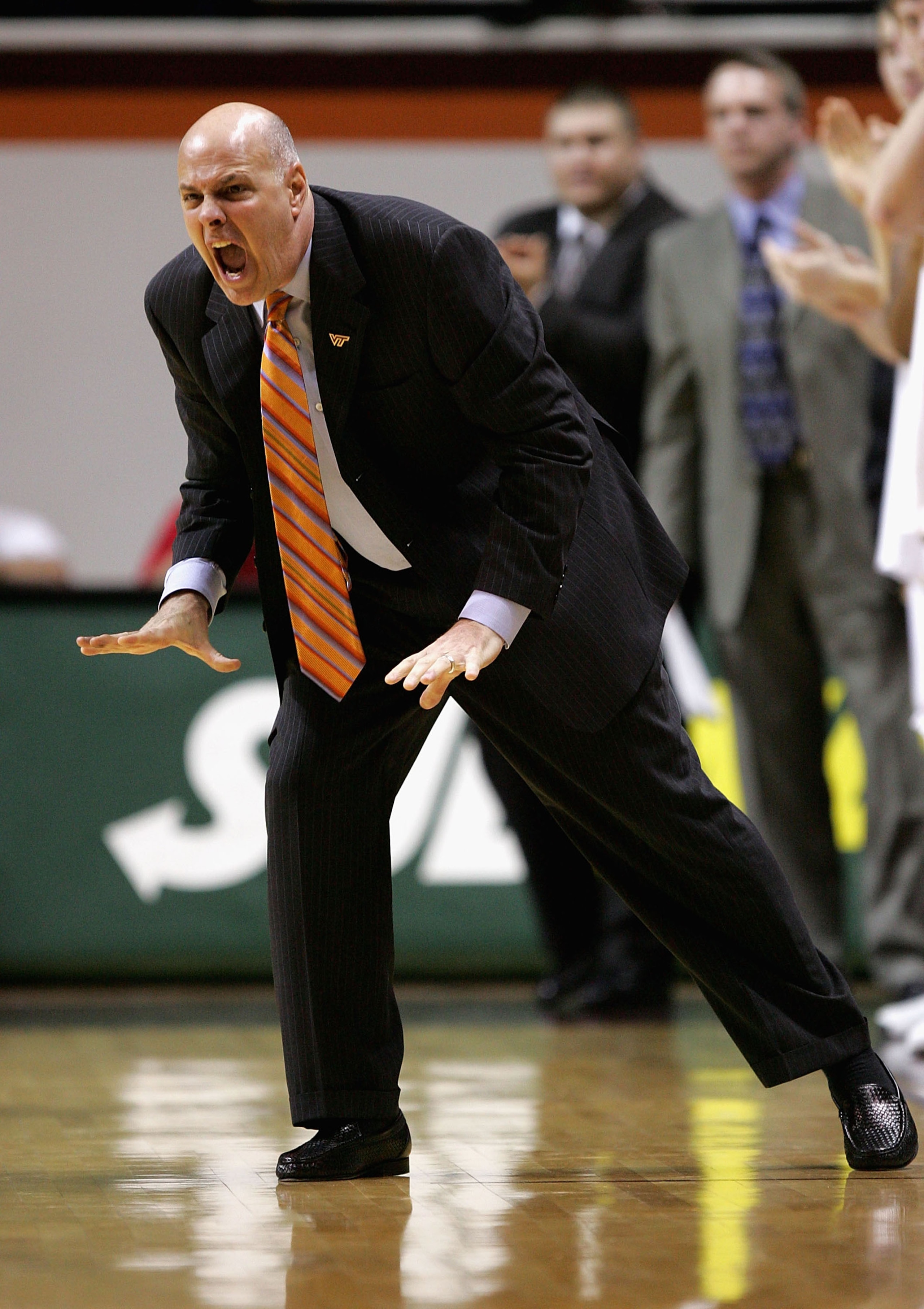 BLACKSBURG, VA - MARCH 5:  Head coach Seth Greenberg of the Virginia Tech Hokies yells to his team during their game against the Maryland Terrapins on March 5, 2005 at Cassell Coliseum in Blacksburg, Virginia. The Hokies defeated the Terrapins 86-76.  (Ph