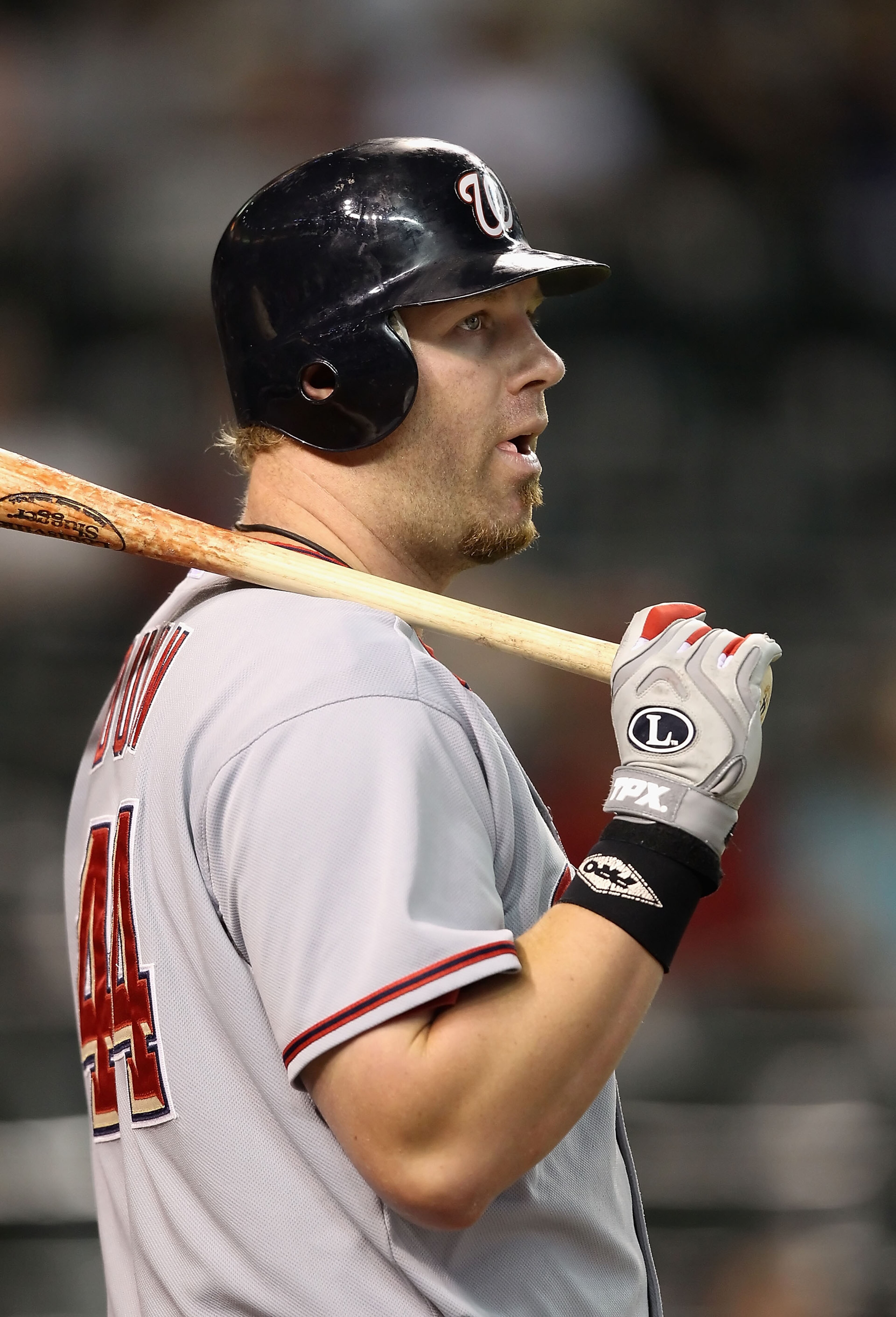 PHOENIX - AUGUST 04: Adam Dunn #44 of the Washington Nationals prepares to bat during the Major League Baseball game against the Arizona Diamondbacks at Chase Field on August 4, 2010 in Phoenix, Arizona. The Nationals defeated the Diamondbacks 7-2. (Pho PHOENIX - AUGUST 04: Adam Dunn #44 of the Washington Nationals prepares to bat during the Major League Baseball game against the Arizona Diamondbacks at Chase Field on August 4, 2010 in Phoenix, Arizona. The Nationals defeated the Diamondbacks 7-2. (Pho