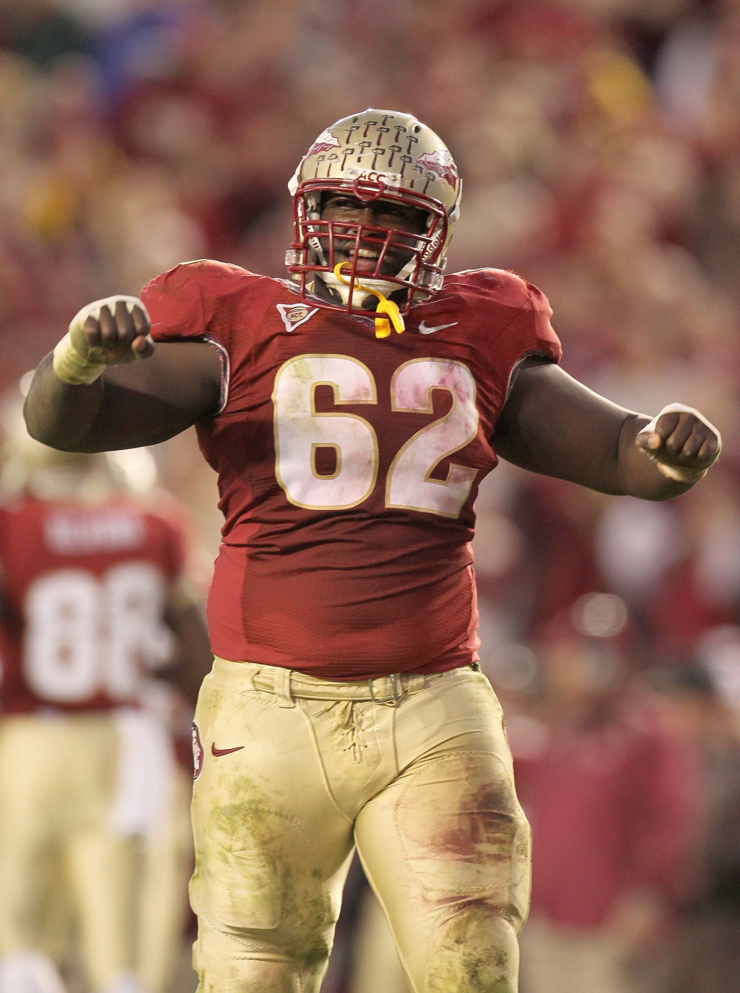 TALLAHASSEE, FL - NOVEMBER 27: Rodney Hudson #62 of the Florida State Seminoles celebrates a touchdown during a game against the Florida Gators at Doak Campbell Stadium on November 27, 2010 in Tallahassee, Florida. (Photo by Mike Ehrmann/Getty Images) TALLAHASSEE, FL - NOVEMBER 27: Rodney Hudson #62 of the Florida State Seminoles celebrates a touchdown during a game against the Florida Gators at Doak Campbell Stadium on November 27, 2010 in Tallahassee, Florida. (Photo by Mike Ehrmann/Getty Images)