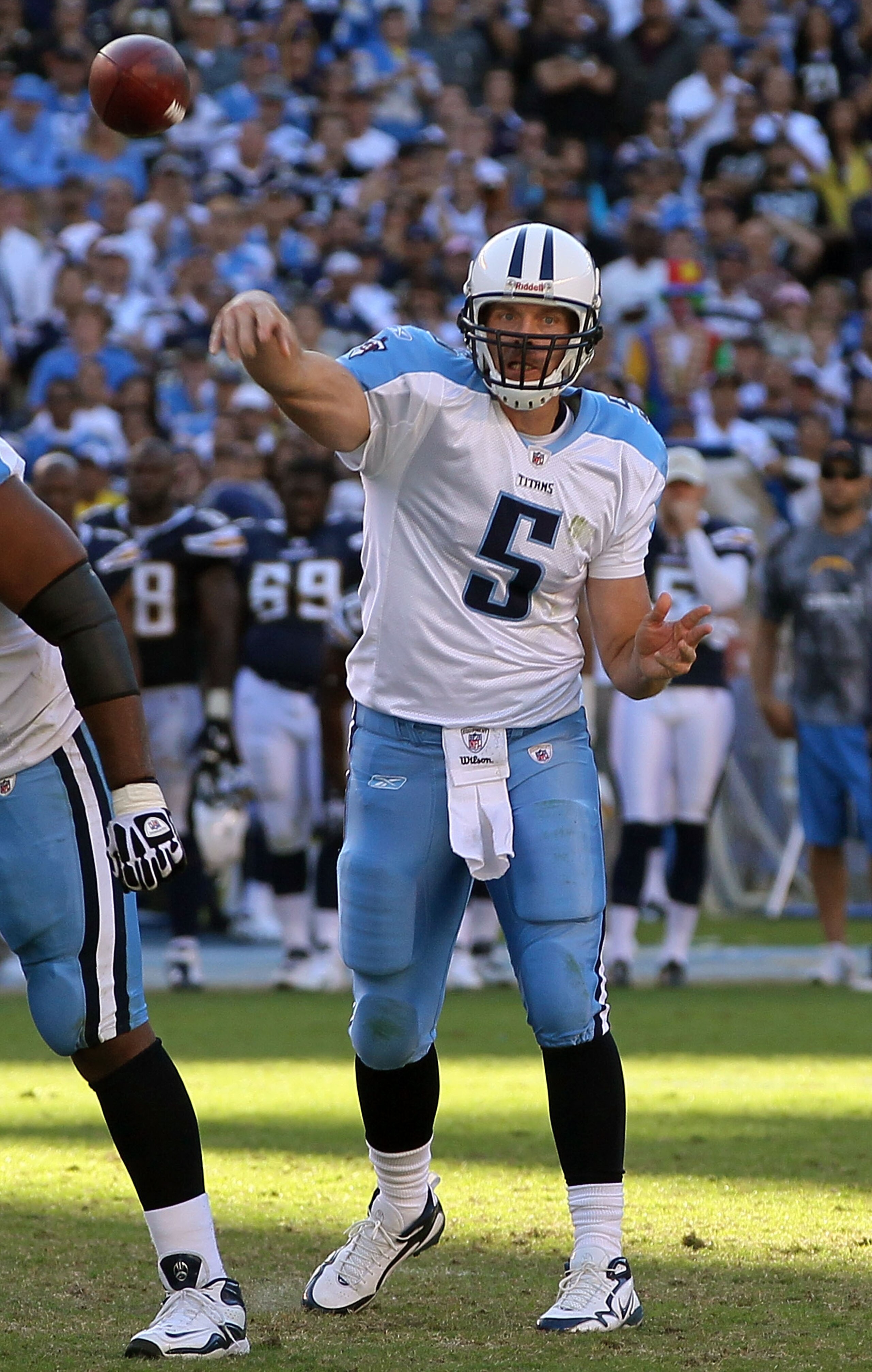 SAN DIEGO - OCTOBER 31:  Quarterback Kerry Collins #5 of the Tennessee Titans drops back to pass against the San Diego Chargers in the game at Qualcomm Stadium on October 31, 2010 in San Diego, California. The Chargers defeated the Titans 33-25.  (Photo b