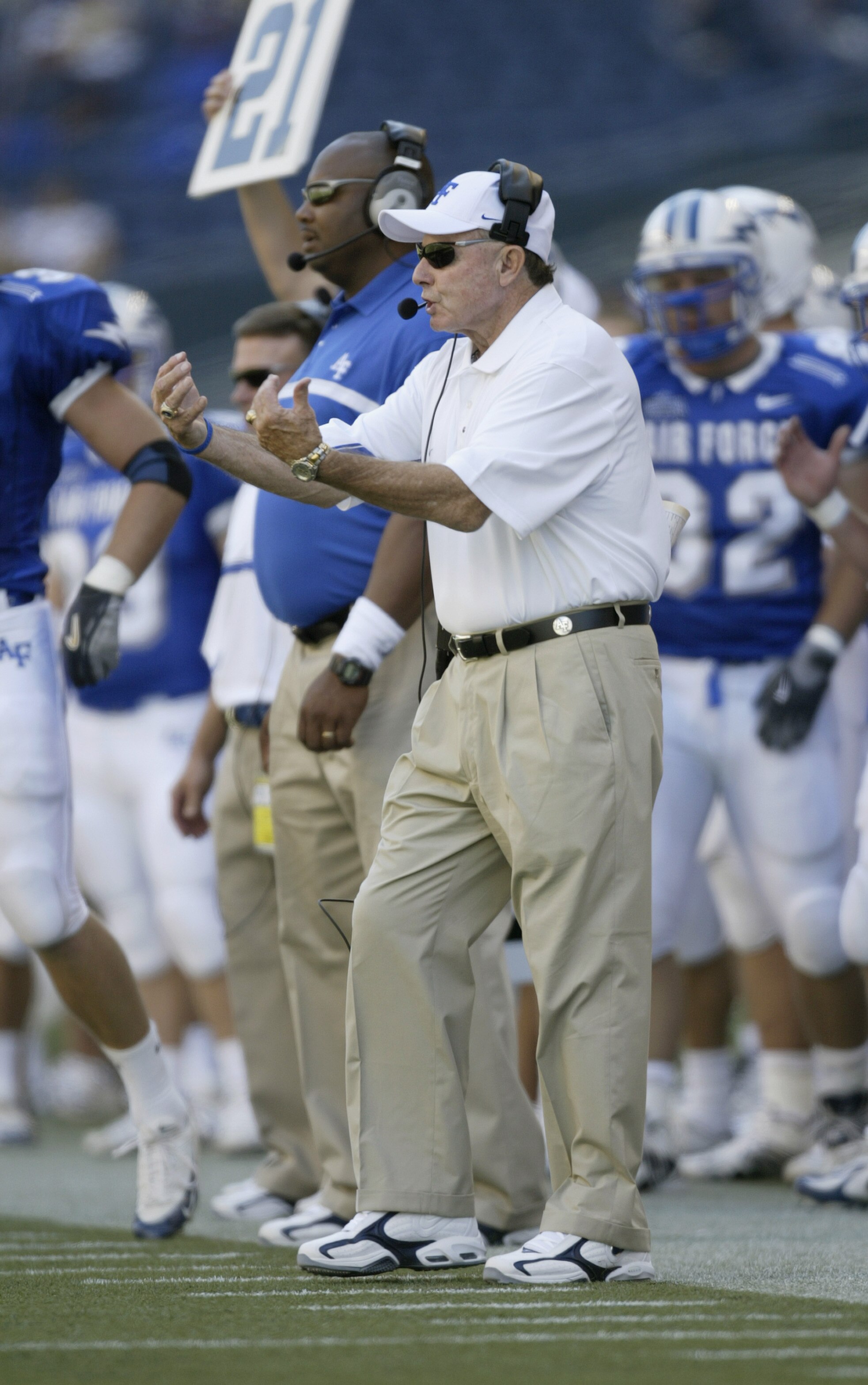 SEATTLE - SEPTEMBER 3:  Head coach Fisher DeBerry of the Air Force Falcons looks on against the Washington Huskies at Quest Field on September 3, 2005 in Seattle, Washington. Air Force defeated Washington 20-17.  (Photo by Otto Greule Jr/Getty Images)