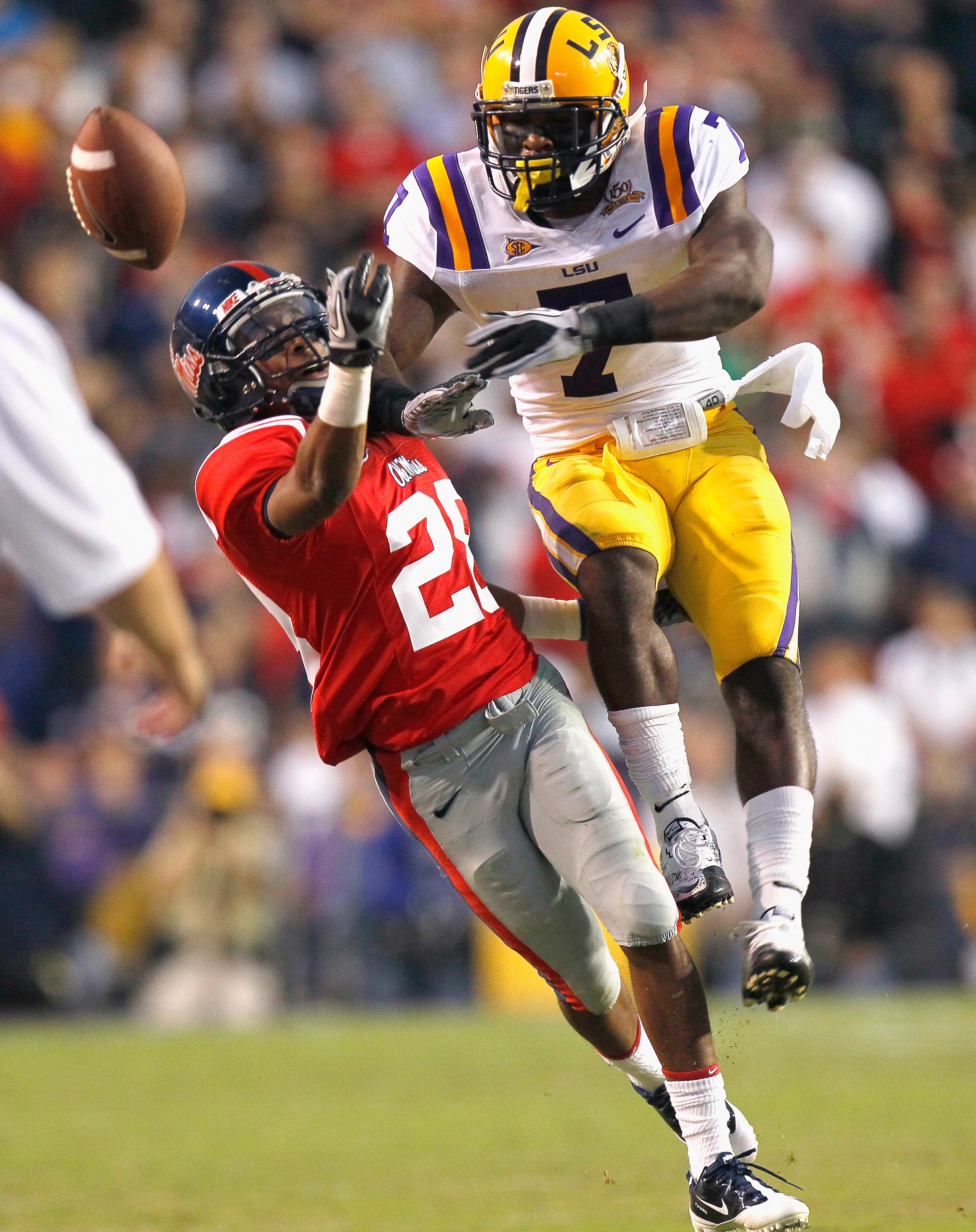 BATON ROUGE, LA - NOVEMBER 20: Patrick Peterson #7 of the Louisiana State University Tigers breaks up a pass intended for Korvic Neat #28 of the Ole Miss Rebels at Tiger Stadium on November 20, 2010 in Baton Rouge, Louisiana. (Photo by Kevin C. Cox/Gett BATON ROUGE, LA - NOVEMBER 20: Patrick Peterson #7 of the Louisiana State University Tigers breaks up a pass intended for Korvic Neat #28 of the Ole Miss Rebels at Tiger Stadium on November 20, 2010 in Baton Rouge, Louisiana. (Photo by Kevin C. Cox/Gett