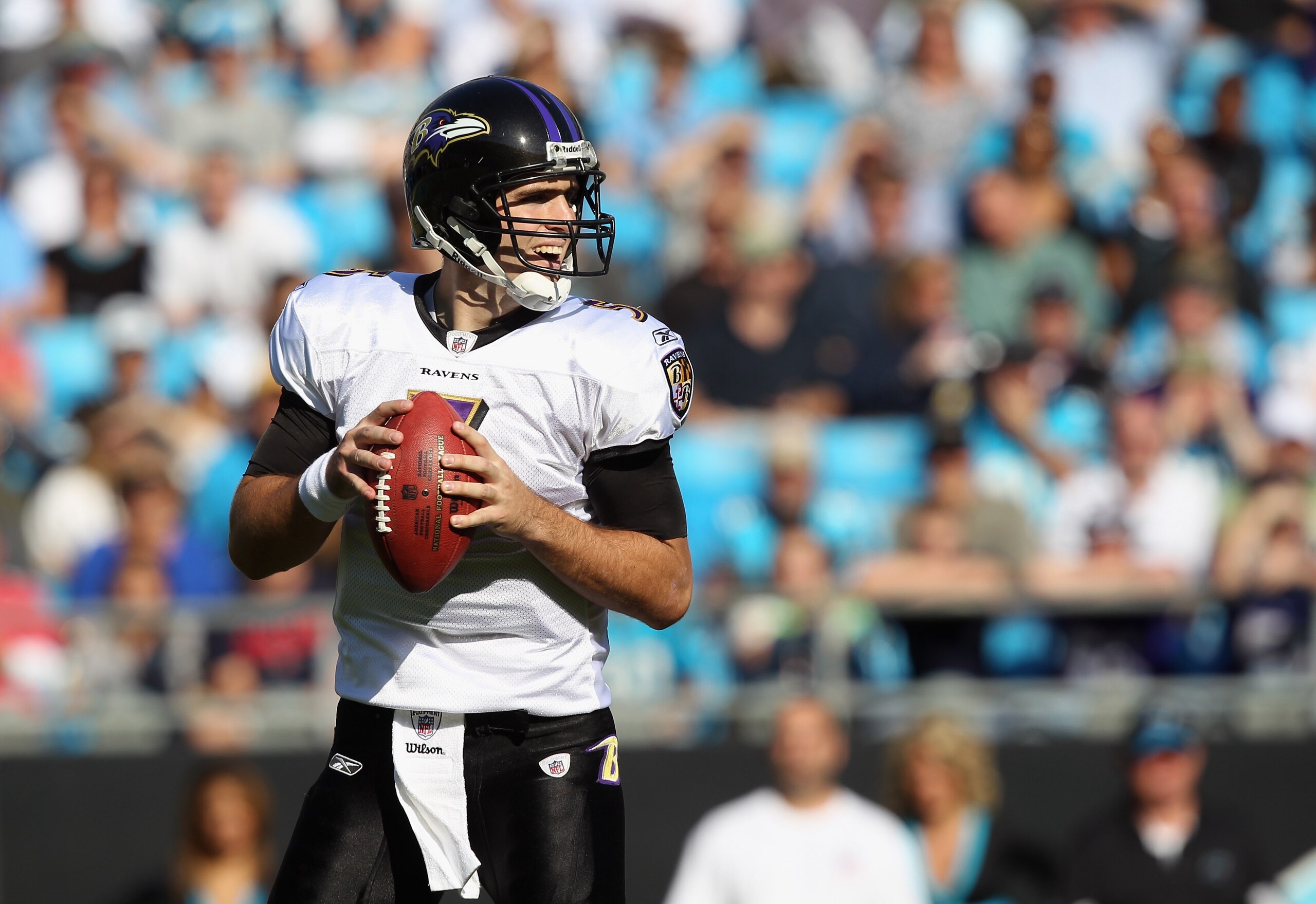 CHARLOTTE, NC - NOVEMBER 21:  Joe Flacco #5 of the Baltimore Ravens against the Carolina Panthers at Bank of America Stadium on November 21, 2010 in Charlotte, North Carolina.  (Photo by Streeter Lecka/Getty Images)
