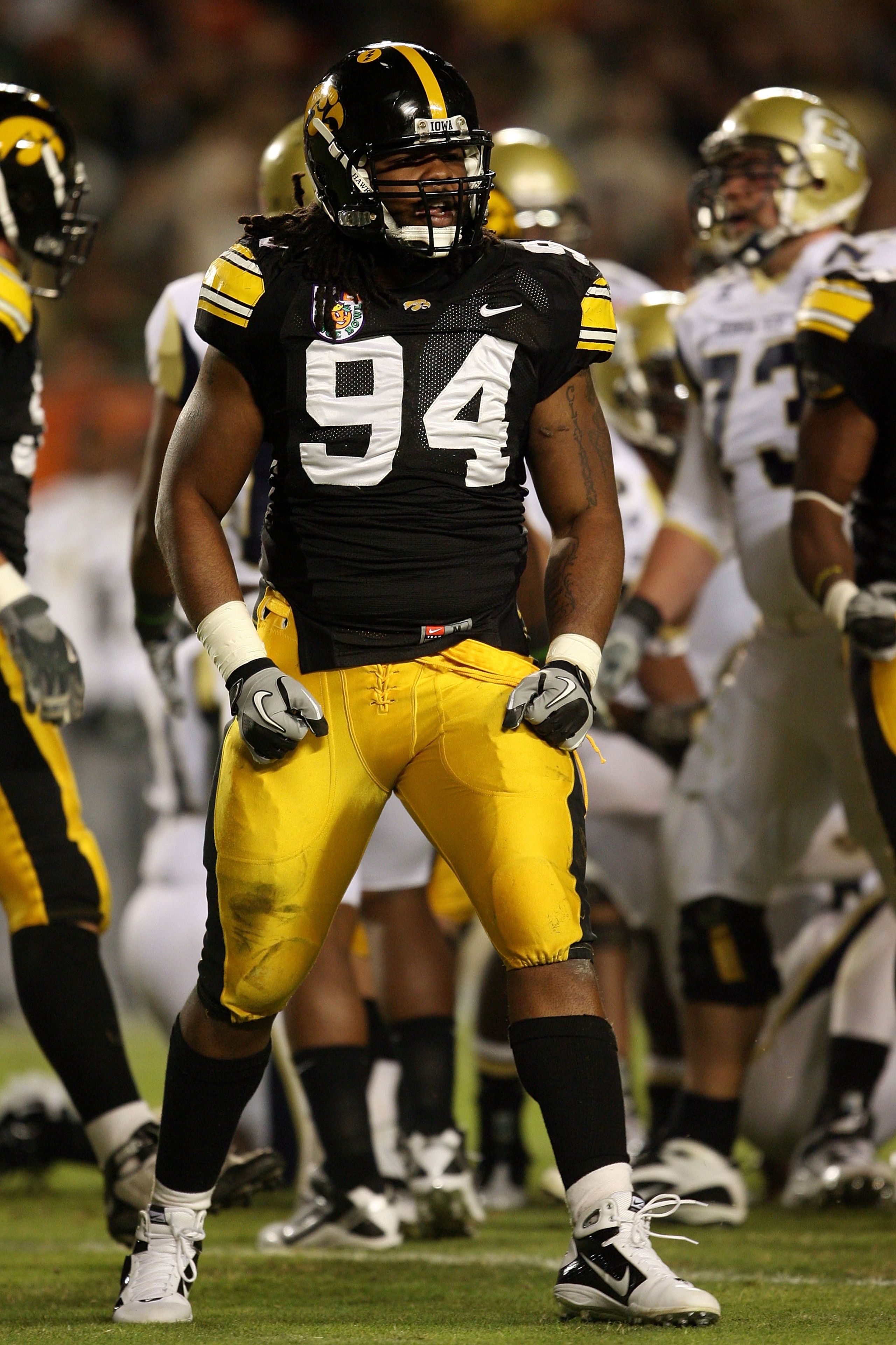 MIAMI GARDENS, FL - JANUARY 05: Adrian Clayborn #94 of the Iowa Hawkeyes reacts to a defensive stop against the Georgia Tech Yellow Jackets during the FedEx Orange Bowl at Land Shark Stadium on January 5, 2010 in Miami Gardens, Florida. (Photo by Doug B MIAMI GARDENS, FL - JANUARY 05: Adrian Clayborn #94 of the Iowa Hawkeyes reacts to a defensive stop against the Georgia Tech Yellow Jackets during the FedEx Orange Bowl at Land Shark Stadium on January 5, 2010 in Miami Gardens, Florida. (Photo by Doug B