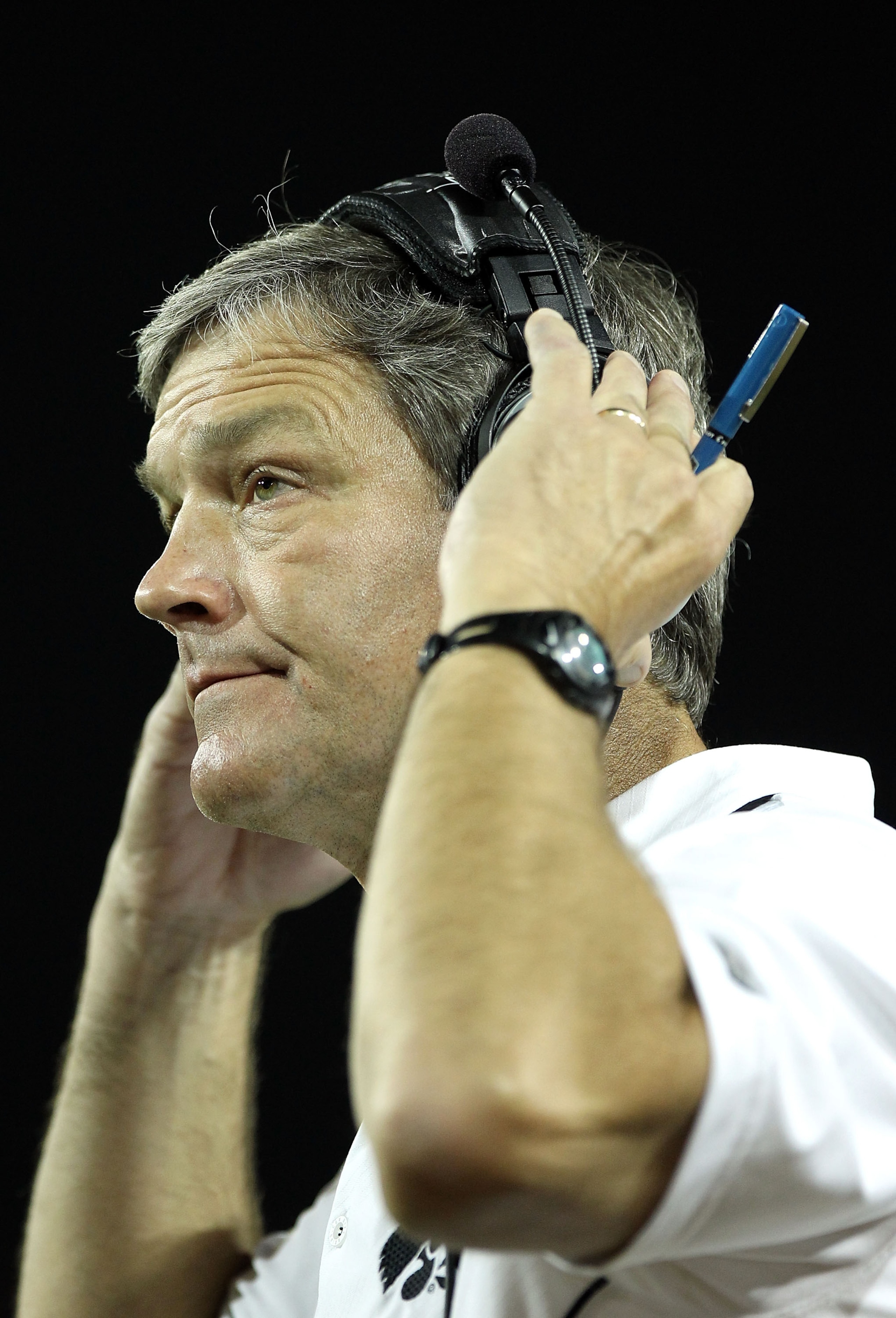TUCSON, AZ - SEPTEMBER 18:  Head coach Kirk Ferentz of the Iowa Hawkeyes watches during the college football game against the Arizona Wildcats at Arizona Stadium on September 18, 2010 in Tucson, Arizona. The Wildcats defeated the Hawkeyes 34-27.  (Photo b