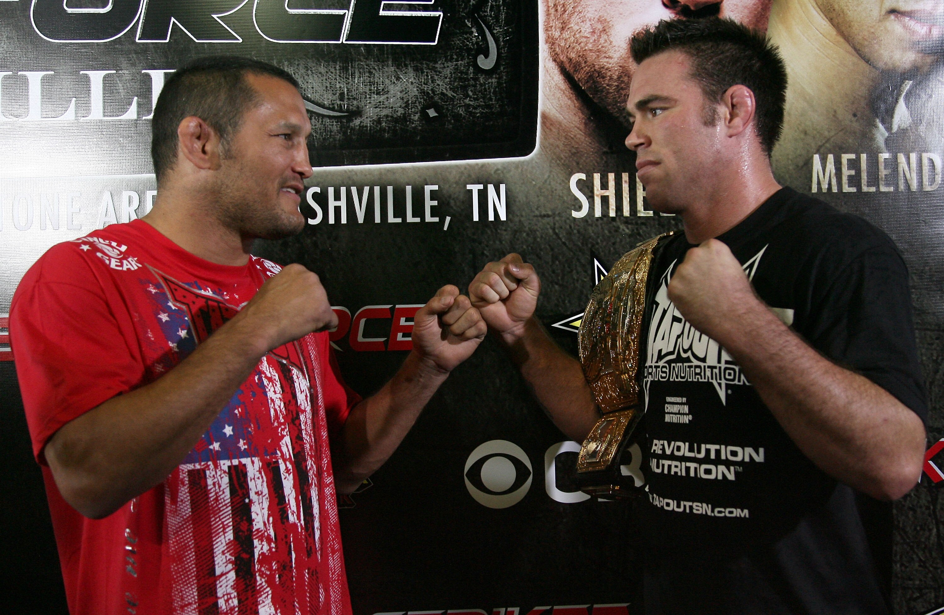 HOLLYWOOD - MARCH 17:  Legendary MMA Superstar and two time Olympic Wrestler Dan Henderson (L) and Strikeforce World Middleweight Champion Jake Shields (R)  attend the CBS' Strikeforce MMA Fighters Open Media Workout on March 17, 2010 in Hollywood, Califo