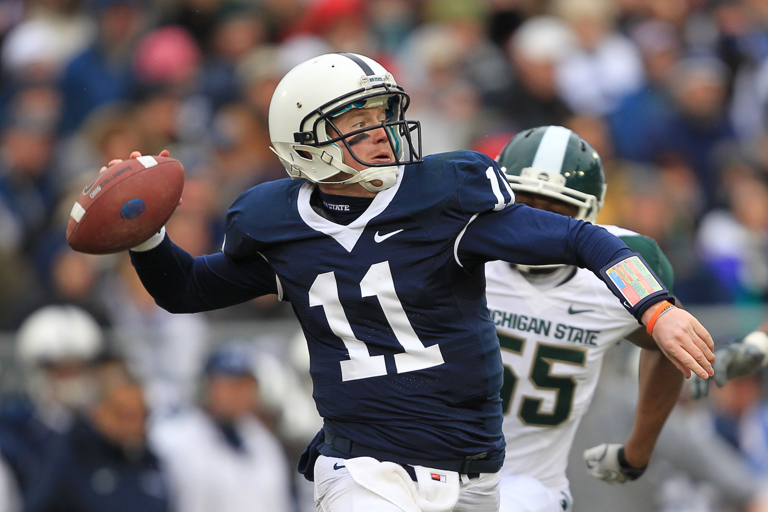 STATE COLLEGE, PA - NOVEMBER 27: Quarterback Matt McGloin #11 of the Penn State Nittany Lions throws a pass during a game against the Michigan State Spartans on November 27, 2010 at Beaver Stadium in State College, Pennsylvania. (Photo by Hunter Martin/Ge STATE COLLEGE, PA - NOVEMBER 27: Quarterback Matt McGloin #11 of the Penn State Nittany Lions throws a pass during a game against the Michigan State Spartans on November 27, 2010 at Beaver Stadium in State College, Pennsylvania. (Photo by Hunter Martin/Ge