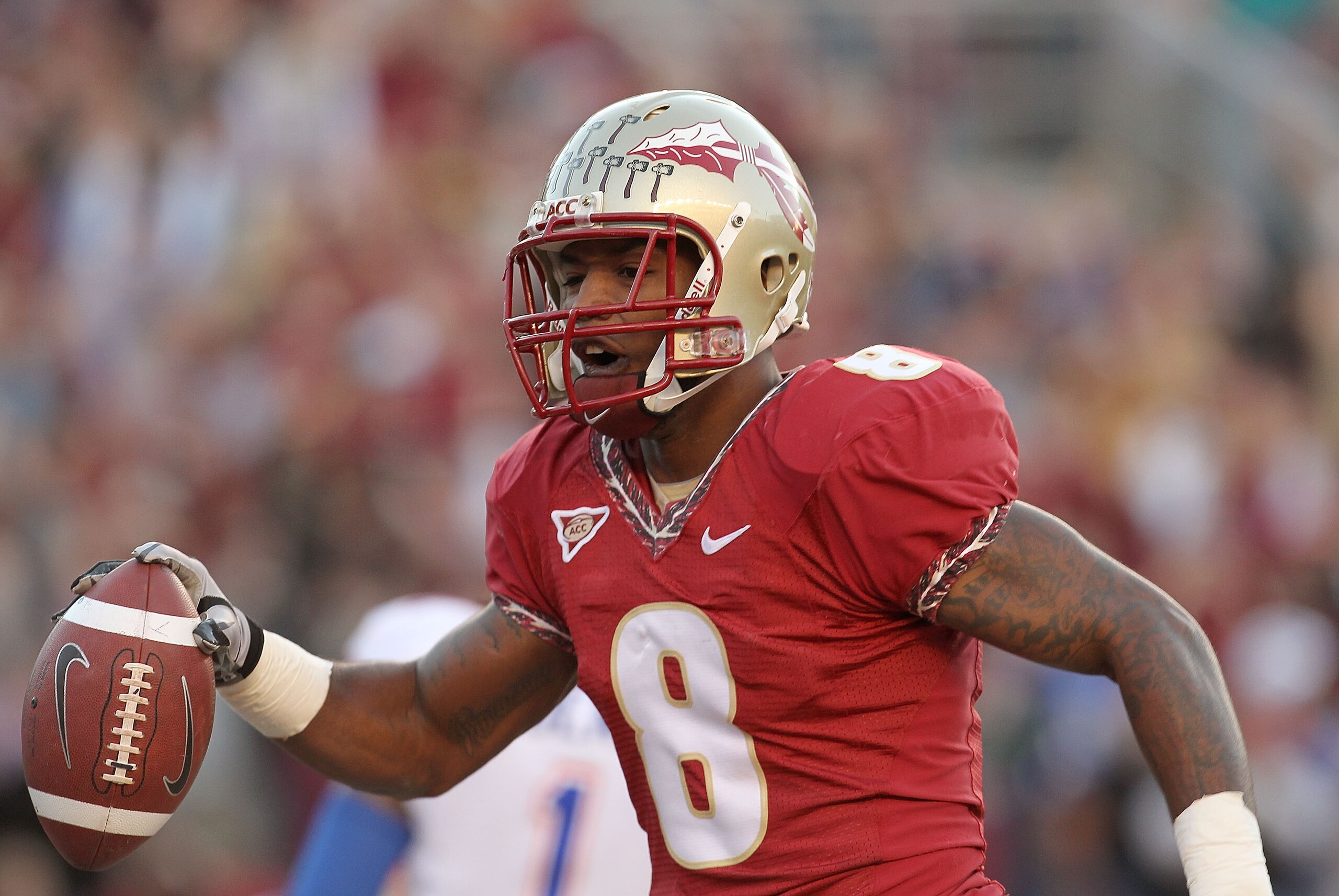 TALLAHASSEE, FL - NOVEMBER 27:  Taiwan Easterling #8 of the Florida State Seminoles celebrates a touchdown during a game against the Florida Gators at Doak Campbell Stadium on November 27, 2010 in Tallahassee, Florida.  (Photo by Mike Ehrmann/Getty Images