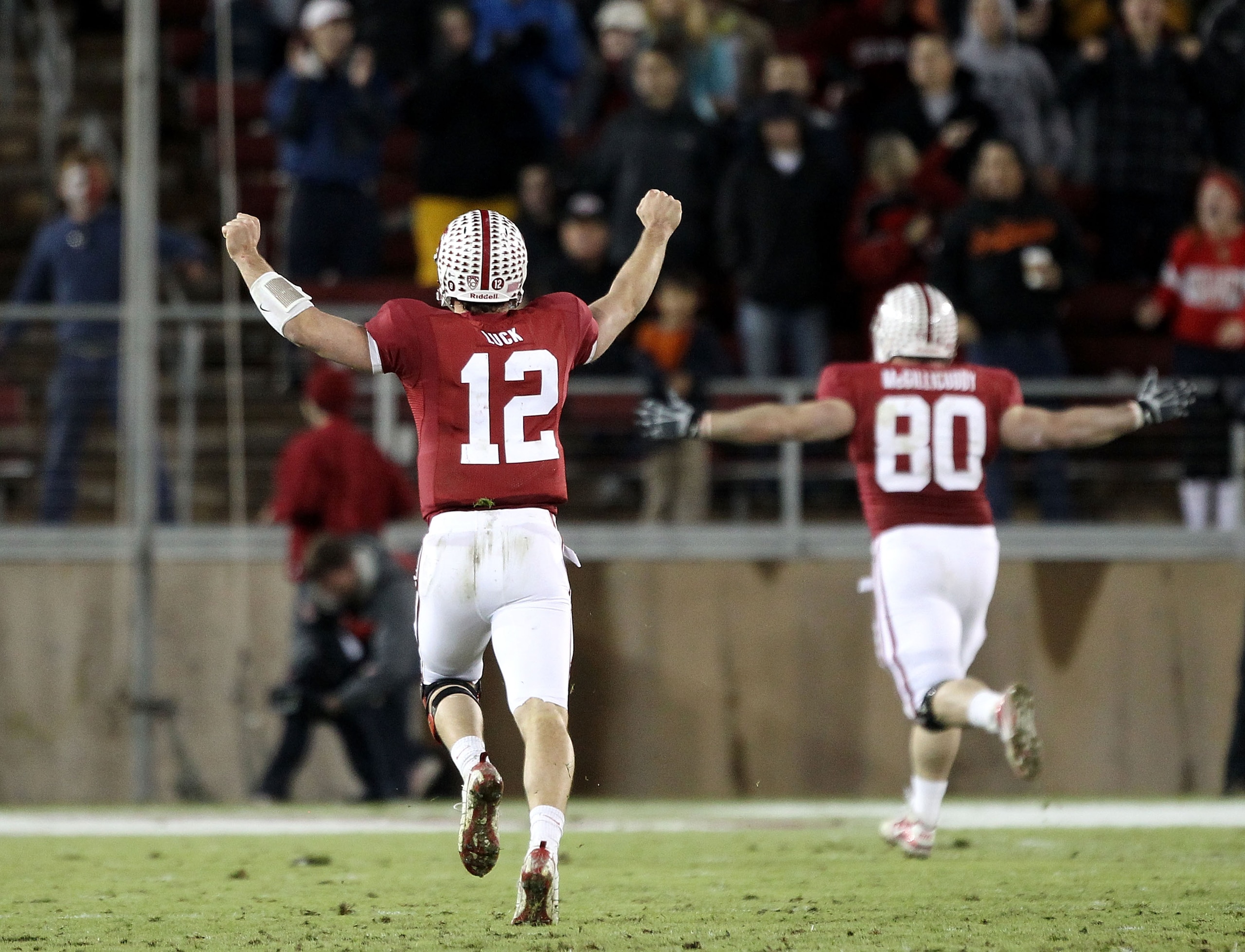 PALO ALTO, CA - NOVEMBER 27: Andrew Luck #12 of the Stanford Cardinal celebrates after they scored a touchdown during their game against the Oregon State Beavers at Stanford Stadium on November 27, 2010 in Palo Alto, California. (Photo by Ezra Shaw/Get PALO ALTO, CA - NOVEMBER 27: Andrew Luck #12 of the Stanford Cardinal celebrates after they scored a touchdown during their game against the Oregon State Beavers at Stanford Stadium on November 27, 2010 in Palo Alto, California. (Photo by Ezra Shaw/Get