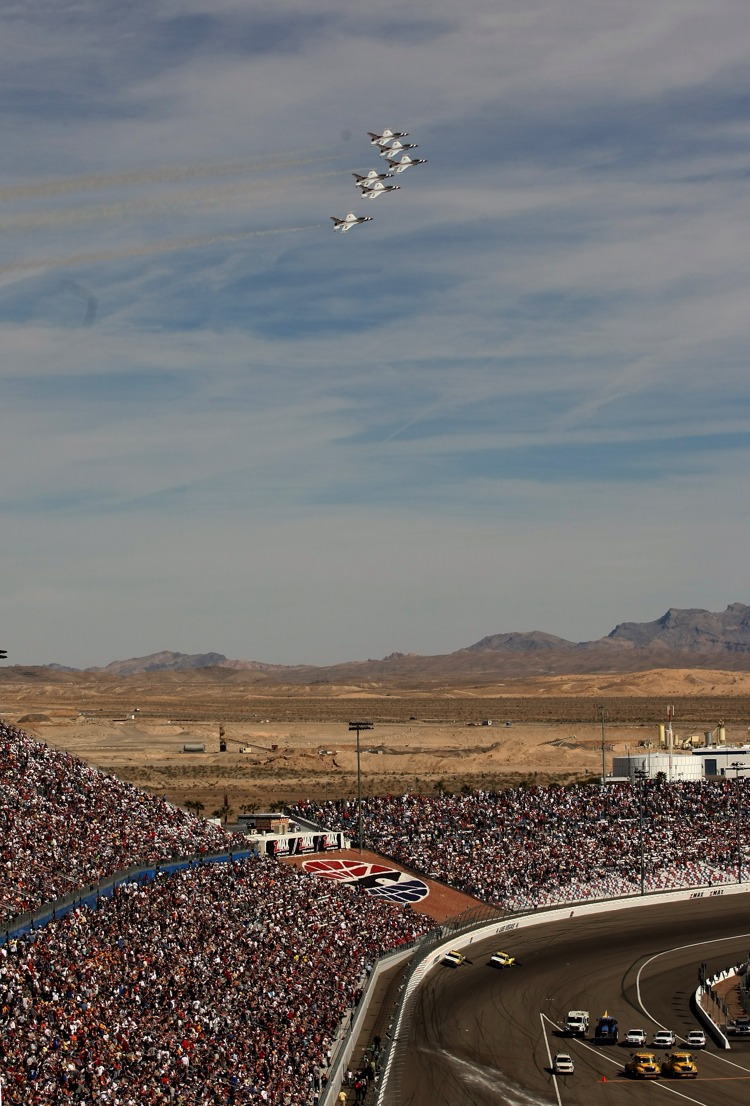 LAS VEGAS - MARCH 01:  US Air Force Thunderbirds perform a flyover during the national anthem before the NASCAR Sprint Cup Series Shelby 427 at the Las Vegas Motor Speedway on March 1, 2009 in Las Vegas, Nevada.  (Photo by Stephen Dunn/Getty Images for NA