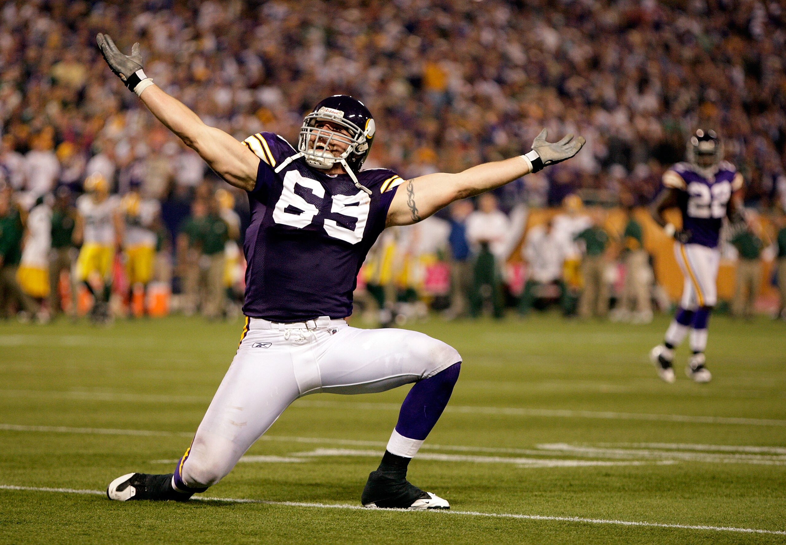 MINNEAPOLIS - OCTOBER 05:  Defensive end Jared Allen #69 of the Minnesota Vikings celebrates after a sack during the Monday Night Football game against the Green Bay Packers on October 5, 2009 at Hubert H. Humphrey Metrodome in Minneapolis, Minnesota.  (P