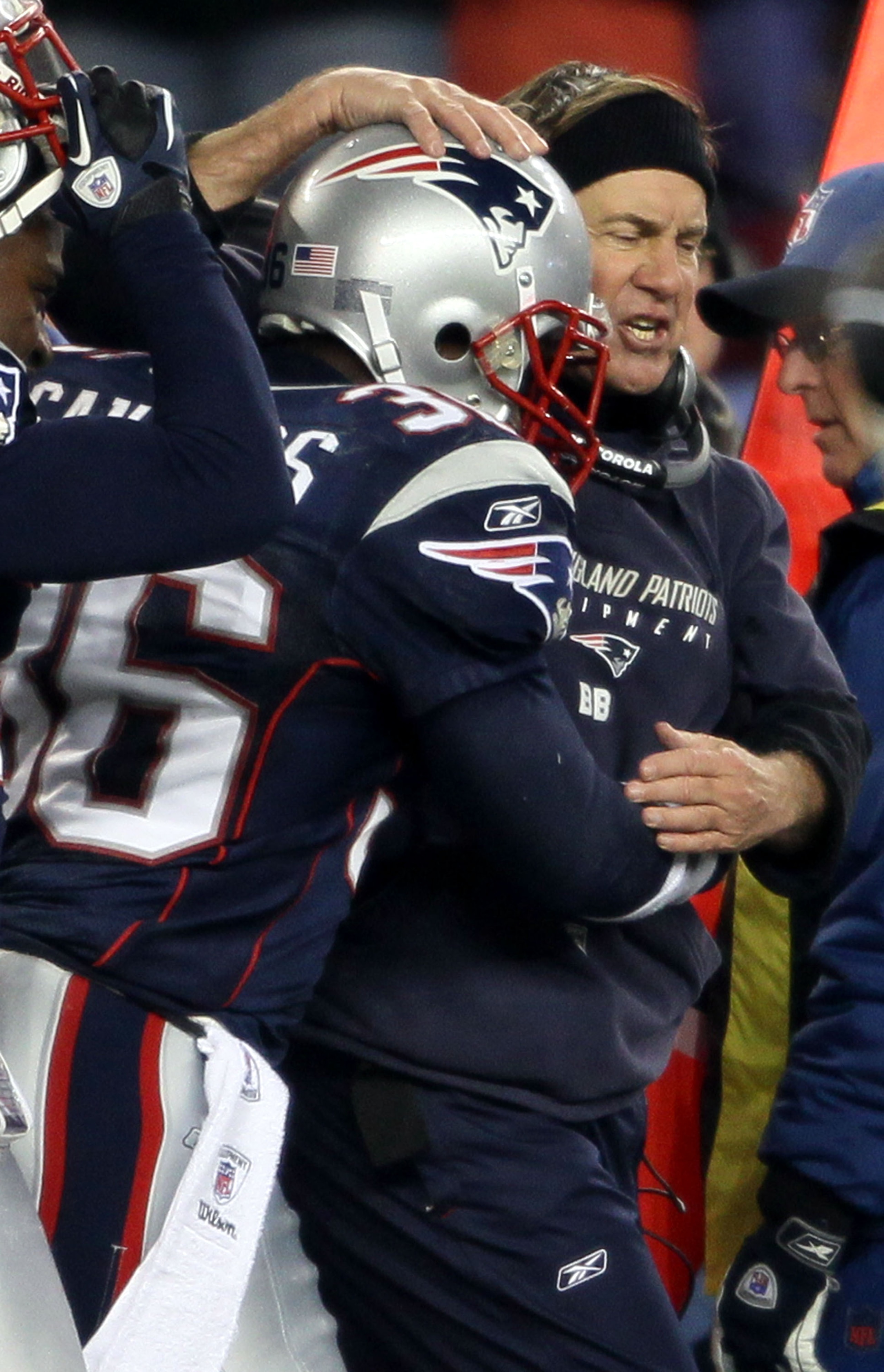 FOXBORO, MA - NOVEMBER 21:   Head coach Bill Belichick of the New England Patriots congratulates James Sanders #36 after Sanders intercepted a pass intended for Pierre Garcon of the Indianapolis Colts on November 21, 2010 at Gillette Stadium in Foxboro, M