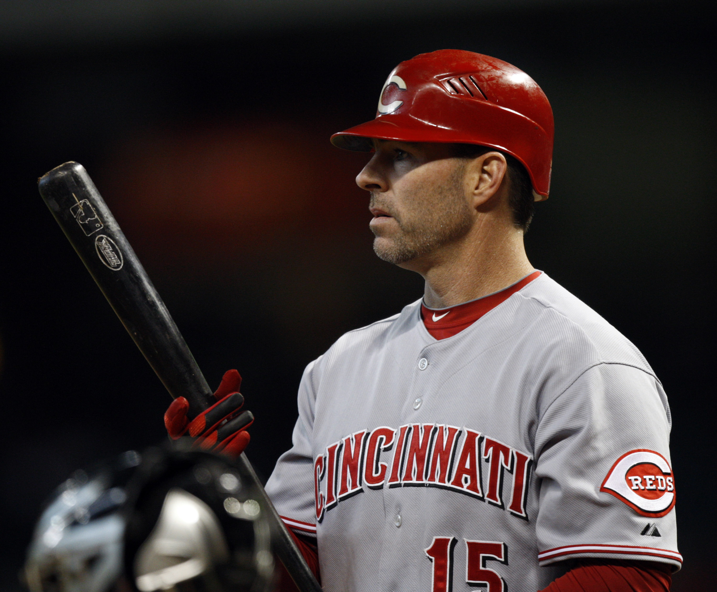 HOUSTON - SEPTEMBER 19:  Jim Edmonds #15of the Cincinnatti Reds pinch hits in the seventh inning against the Housto Astros at Minute Maid Park on September 19, 2010 in Houston, Texas.  (Photo by Bob Levey/Getty Images)