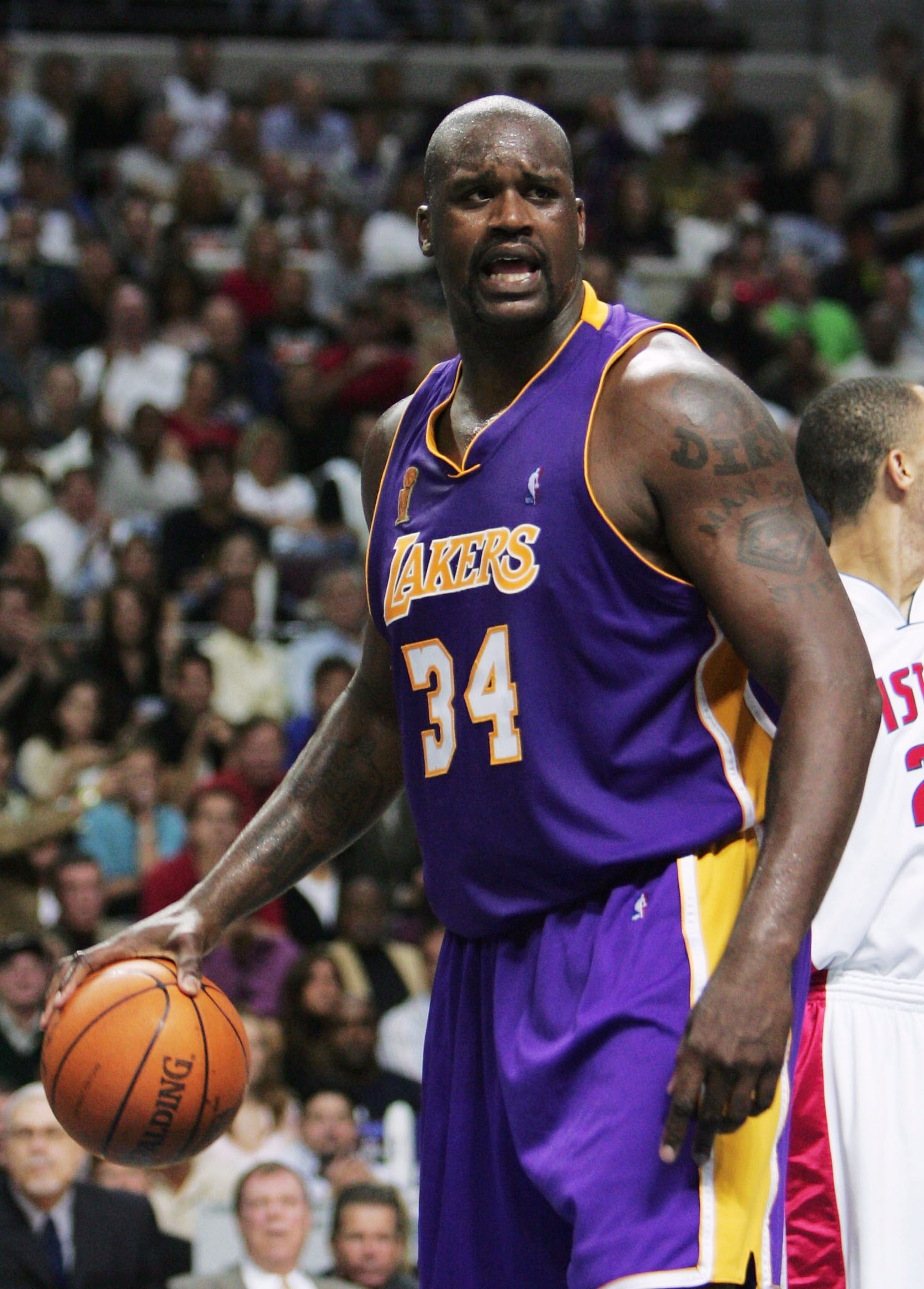 AUBURN HILLS, MI - JUNE 10:  Shaquille O'Neal #34 of the Los Angeles Lakers reacts after a foul during the second quarter of game three of the 2004 NBA Finals June 10, 2004 against the Detroit Pistons at The Palace of Auburn Hills in Auburn Hills, Michiga