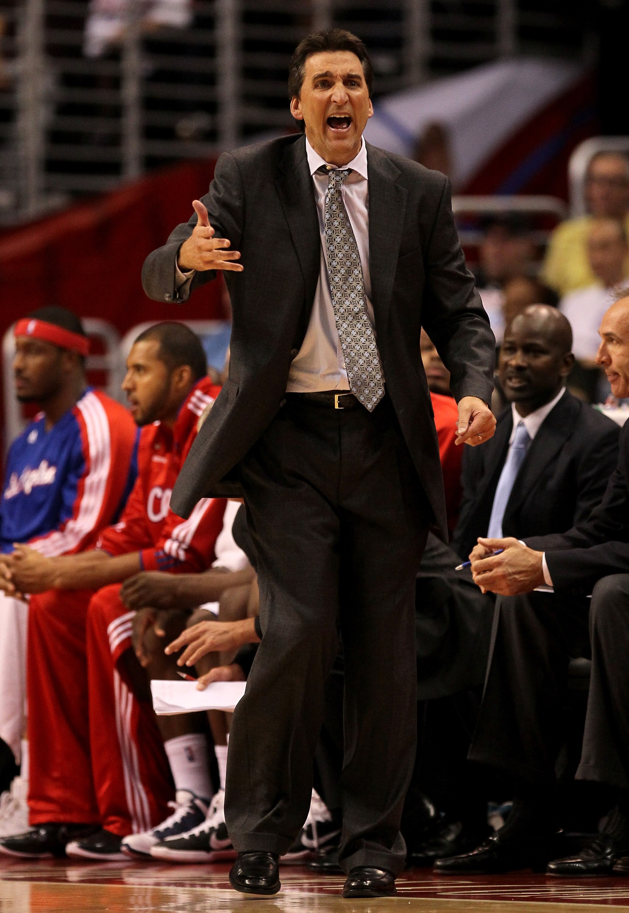 LOS ANGELES - NOVEMBER 3:  Head coach Vinny Del Negro of the Los Angeles Clippers complains to the referees during the game with the Oklahoma City Thunder at Staples Center on November 3, 2010 in Los Angeles, California. The Clippers won 107-92.  NOTE TO