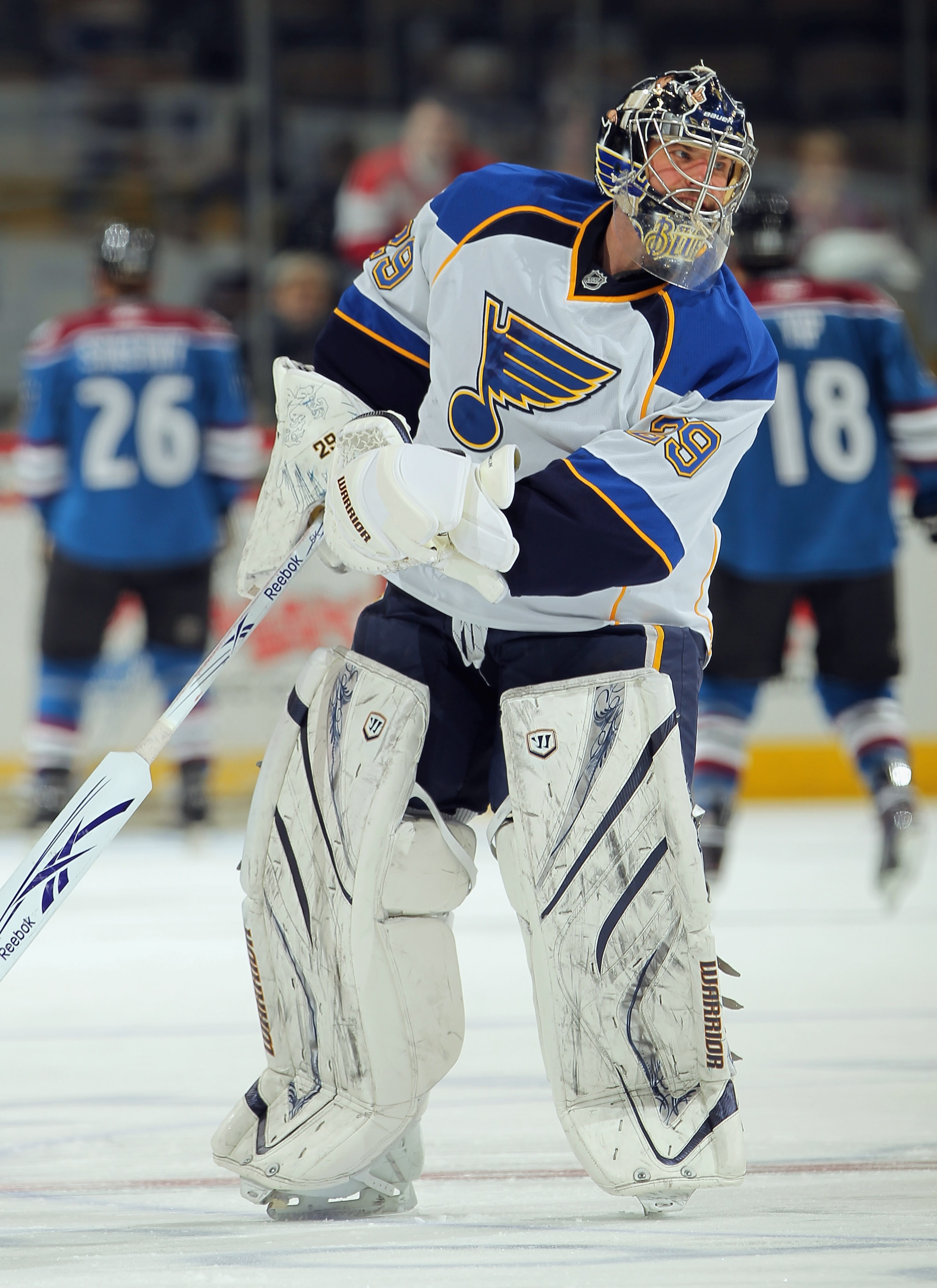 DENVER - NOVEMBER 15:  Goalie Ty Conklin #29 of the St. Louis Blues warms up prior to facing the Colorado Avalanche at the Pepsi Center on November 15, 2010 in Denver, Colorado. The Avalacnhe defeated the Blues 6-3.  (Photo by Doug Pensinger/Getty Images)