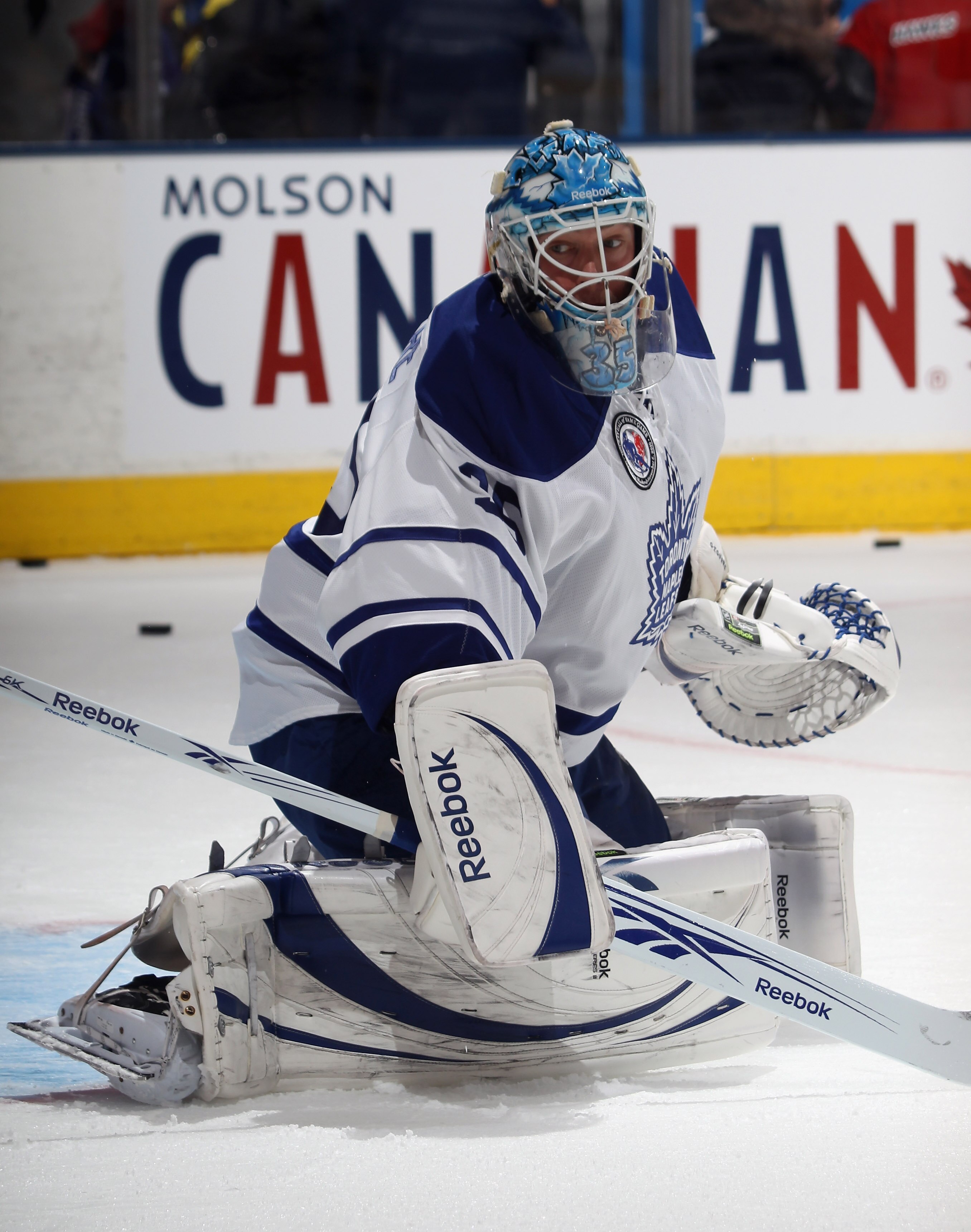 TORONTO, ON - NOVEMBER 06:  Jean-Sebastien Gigure #35 of the Toronto Maple Leafs skates in warmups prior to the game against the Buffalo Sabres at the Air Canada Centre on November 6, 2010 in Toronto, Canada.  (Photo by Bruce Bennett/Getty Images)