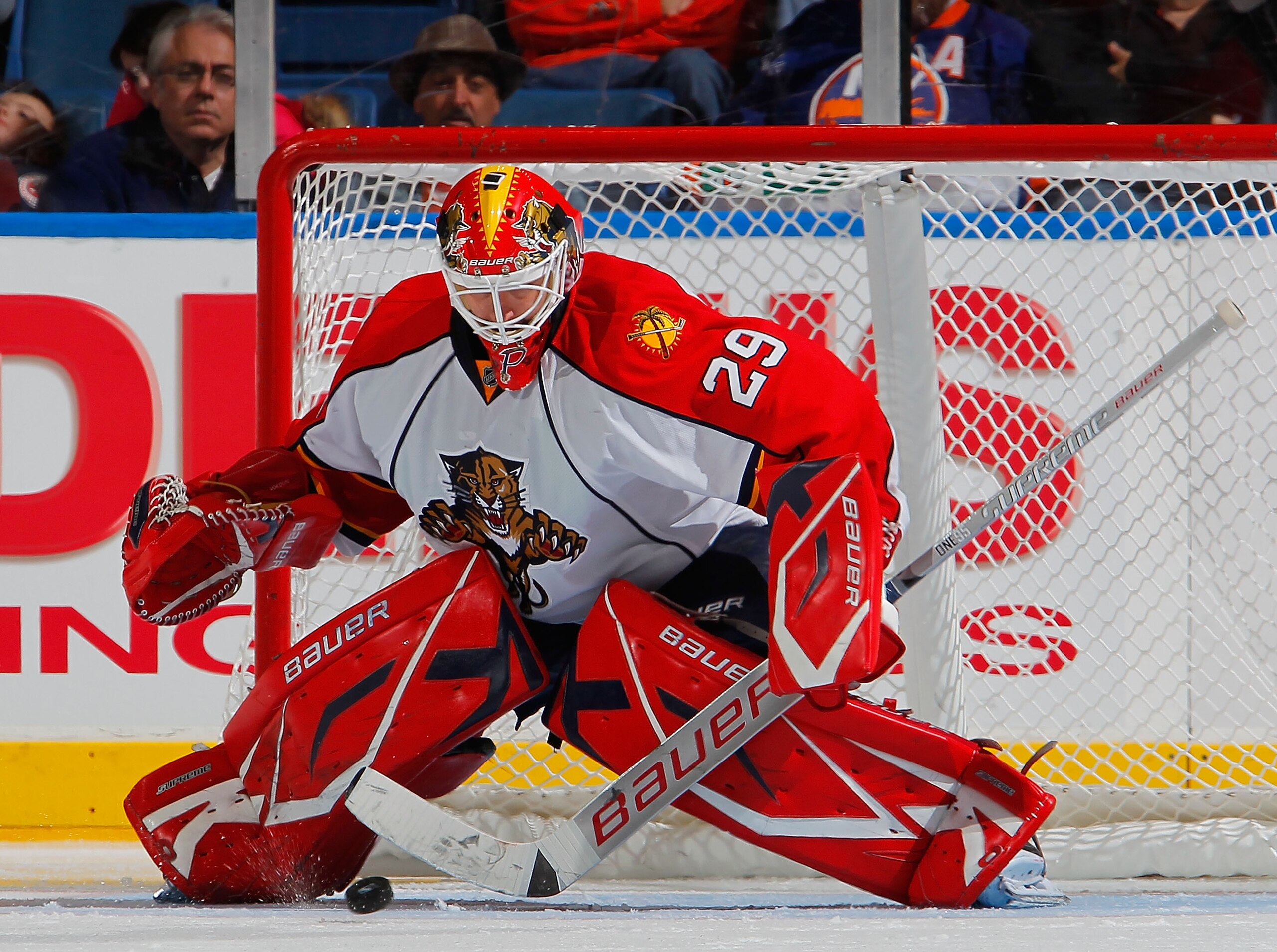UNIONDALE, NY - NOVEMBER 20:  Goalie Tomas Vokoun #29 of the Florida Panthers makes a save against the New York Islanders during the third period of a hockey game at the Nassau Coliseum on November 20, 2010 in Uniondale, New York.  (Photo by Paul Bereswil