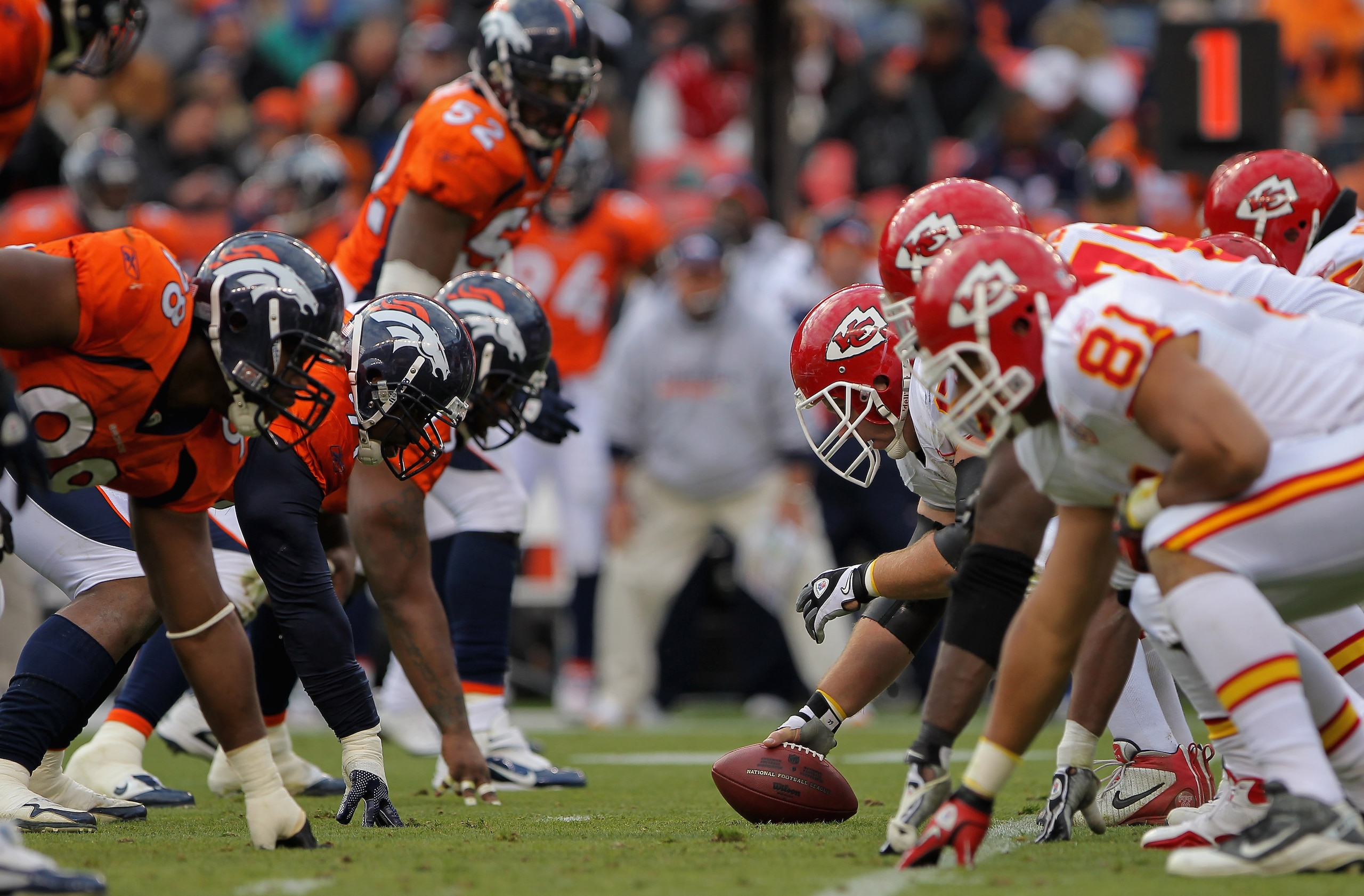DENVER - NOVEMBER 14: The Kansas City Chiefs offensive line prepares to snap the ball against the Denver Broncos defense at INVESCO Field at Mile High on November 14, 2010 in Denver, Colorado. The Broncos defeated the Chiefs 49-29. (Photo by Doug Pensin DENVER - NOVEMBER 14: The Kansas City Chiefs offensive line prepares to snap the ball against the Denver Broncos defense at INVESCO Field at Mile High on November 14, 2010 in Denver, Colorado. The Broncos defeated the Chiefs 49-29. (Photo by Doug Pensin