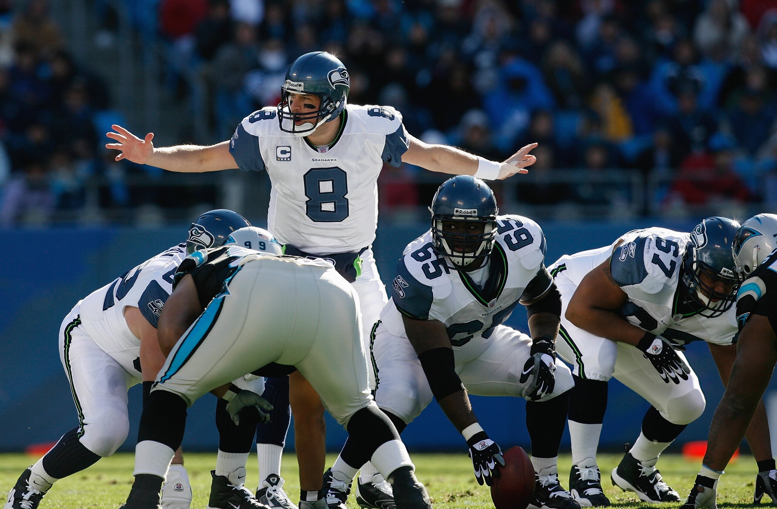 CHARLOTTE, NC - DECEMBER 16: Matt Hasselbeck #8 of the Seattle Seahawks calls an audible against the Carolina Panthers during the second half at Bank of America Stadium on December 16, 2007 in Charlotte, North Carolina. Carolina defeated Seattle 13-10. CHARLOTTE, NC - DECEMBER 16: Matt Hasselbeck #8 of the Seattle Seahawks calls an audible against the Carolina Panthers during the second half at Bank of America Stadium on December 16, 2007 in Charlotte, North Carolina. Carolina defeated Seattle 13-10.