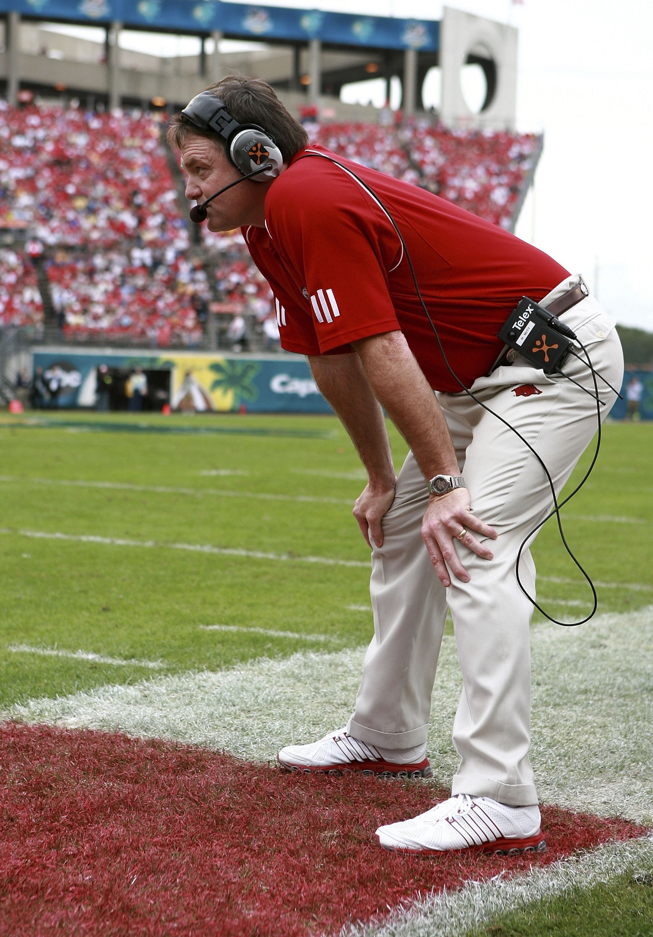ORLANDO, FL - JANUARY 1:  Head coach Houston Nutt of the Arkansas Razorbacks watches his team play the Wisconsin Badgers in the Capitol One Bowl at Florida Citrus Bowl January 1, 2007 in Orlando, Florida. Wisconsin defeated Arkansas 17-14.  (Photo by Doug
