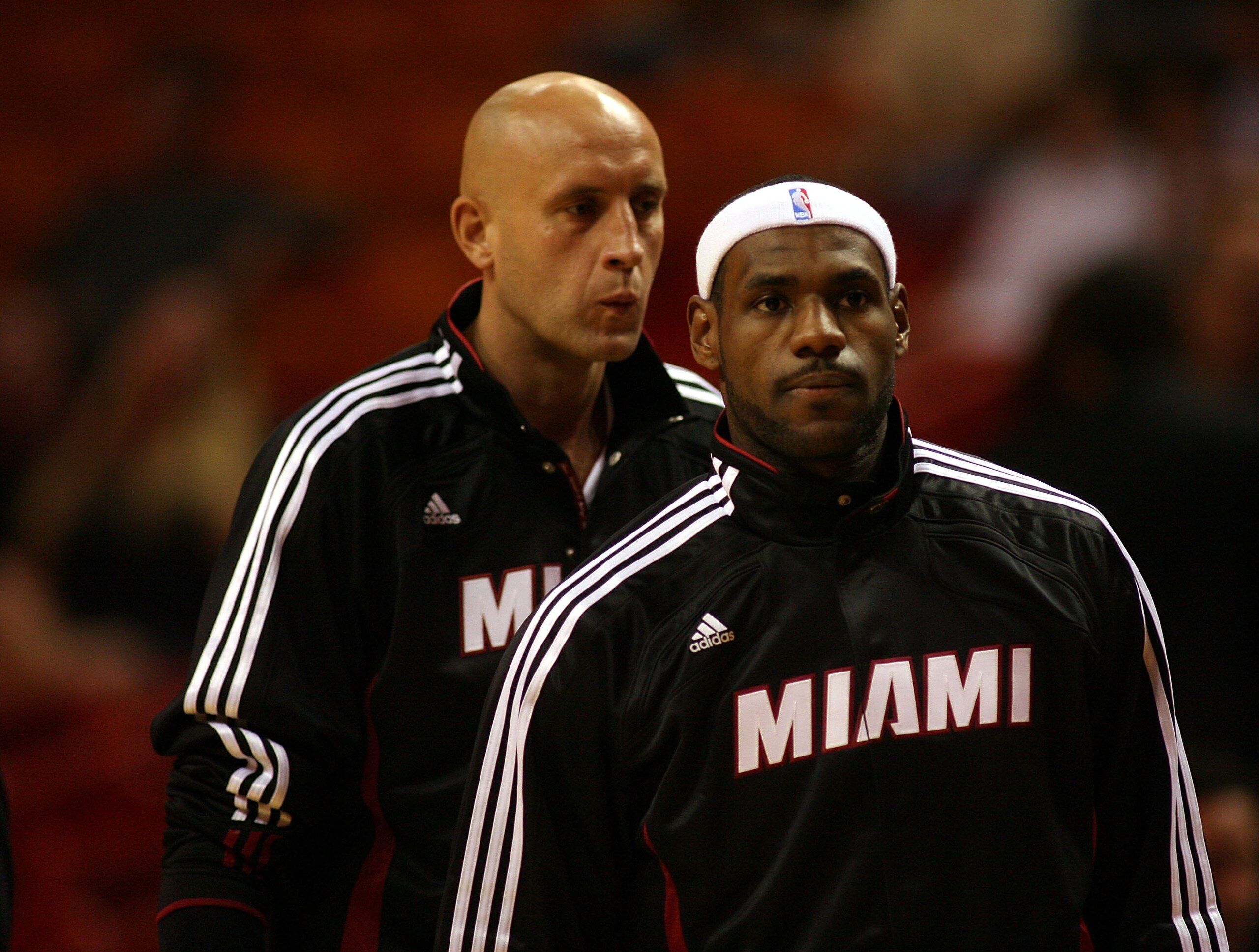 MIAMI - OCTOBER 05:  Forward LeBron James #6 (front) and center Zydrunas Ilgauskas #11 of the Miami Heat during warm ups against the Detroit Pistons on October 5, 2010 in Miami, Florida.  NOTE TO USER: User expressly acknowledges and agrees that, by downl