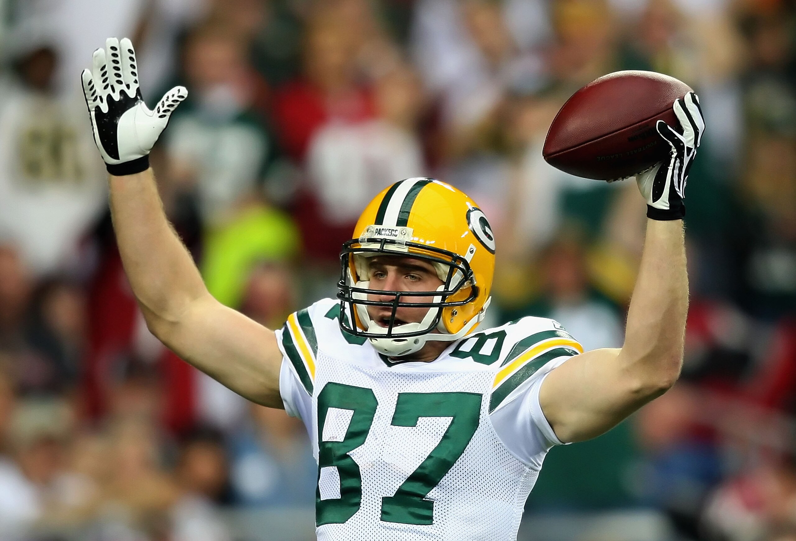 GLENDALE, AZ - JANUARY 03:  Wide receiver Jordy Nelson #87 of the Green Bay Packers reacts after catching a 51-yard pass against the Arizona Cardinals during the NFL game at the Universtity of Phoenix Stadium on January 3, 2010 in Glendale, Arizona. Nelso