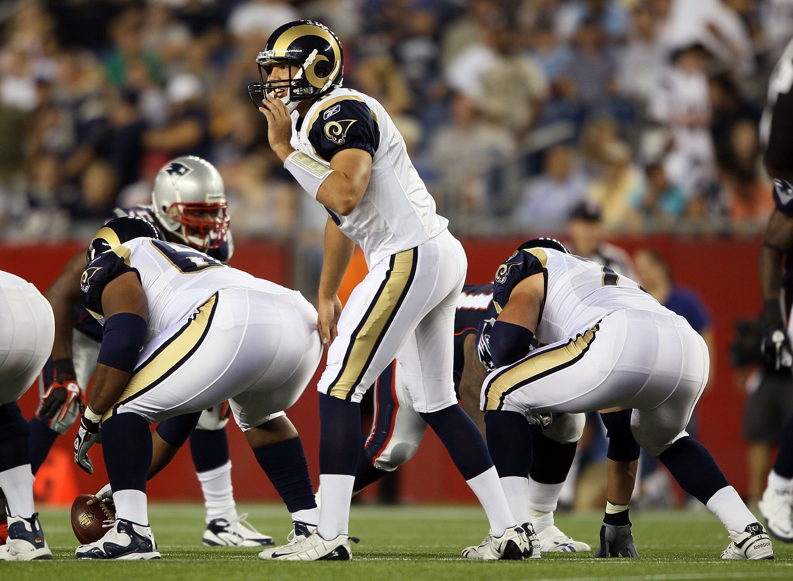 FOXBORO, MA - AUGUST 26:  Sam Bradford #8 of the St. Louis Rams calls out the play in the first half against the New England Patriots on August 26, 2010 at Gillette Stadium in Foxboro, Massachusetts.  (Photo by Elsa/Getty Images)
