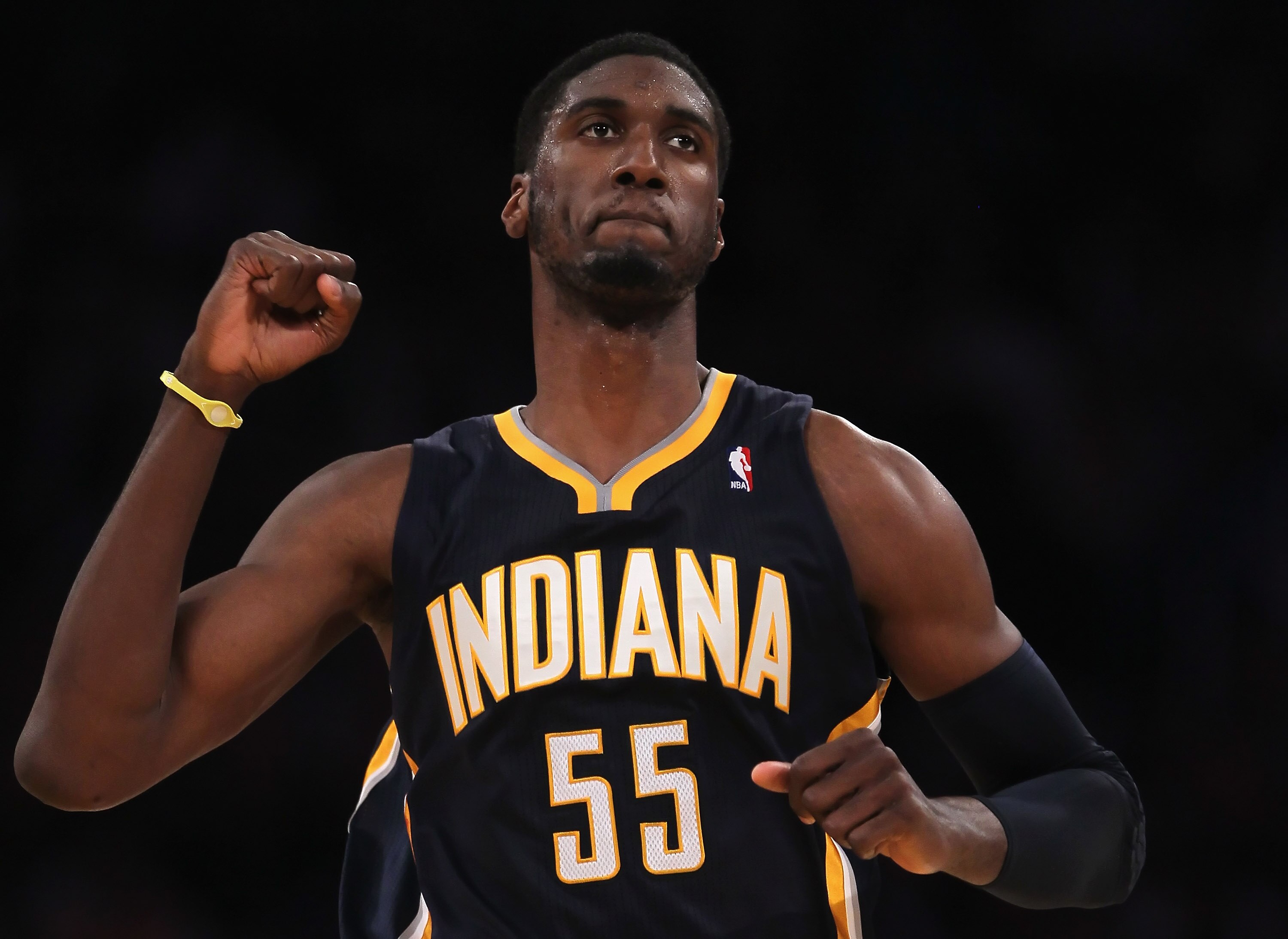 LOS ANGELES, CA - NOVEMBER 28:  Roy Hibbert #55 of the Indiana Pacers celebrates after making a basket late in the fourth quarter against the Los Angeles Lakers at Staples Center on November 28, 2010 in Los Angeles, California. The Pacers defeated the Lak